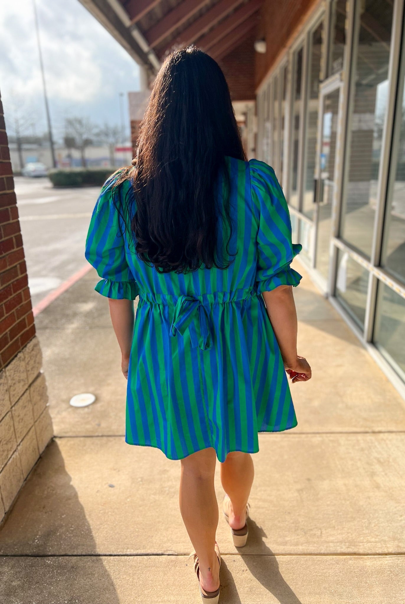 Green and Blue Striped 3/4 Puff Sleeve Dress with Self - Tie in the Back - A'Bekah's Boutique
