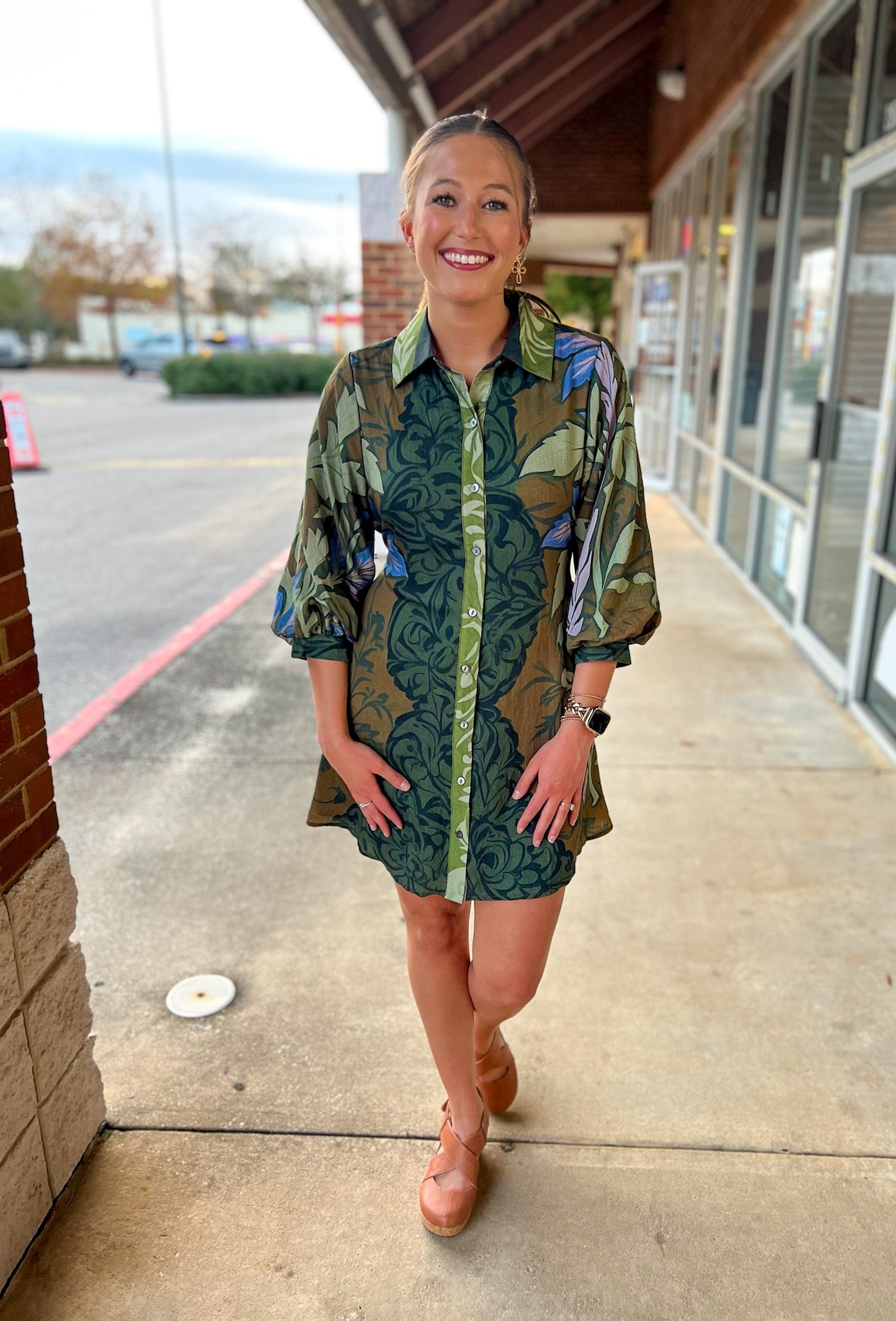 Green Floral Half Puff Sleeve Dress with Waist Tie - A'Bekah's Boutique