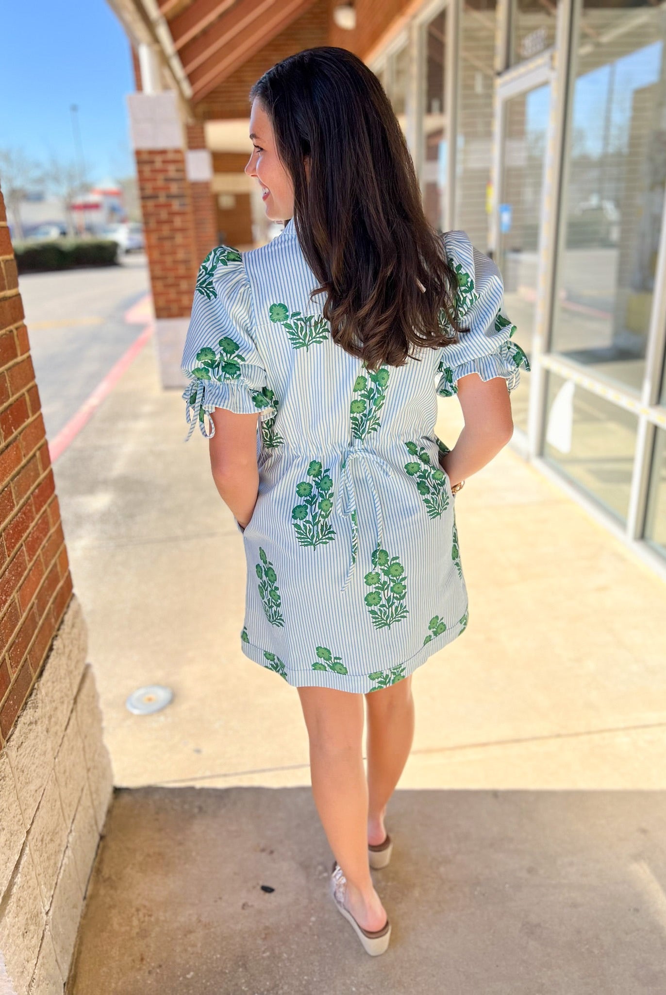 Green Floral Striped Dress with Short Puff Sleeves - A'Bekah's Boutique