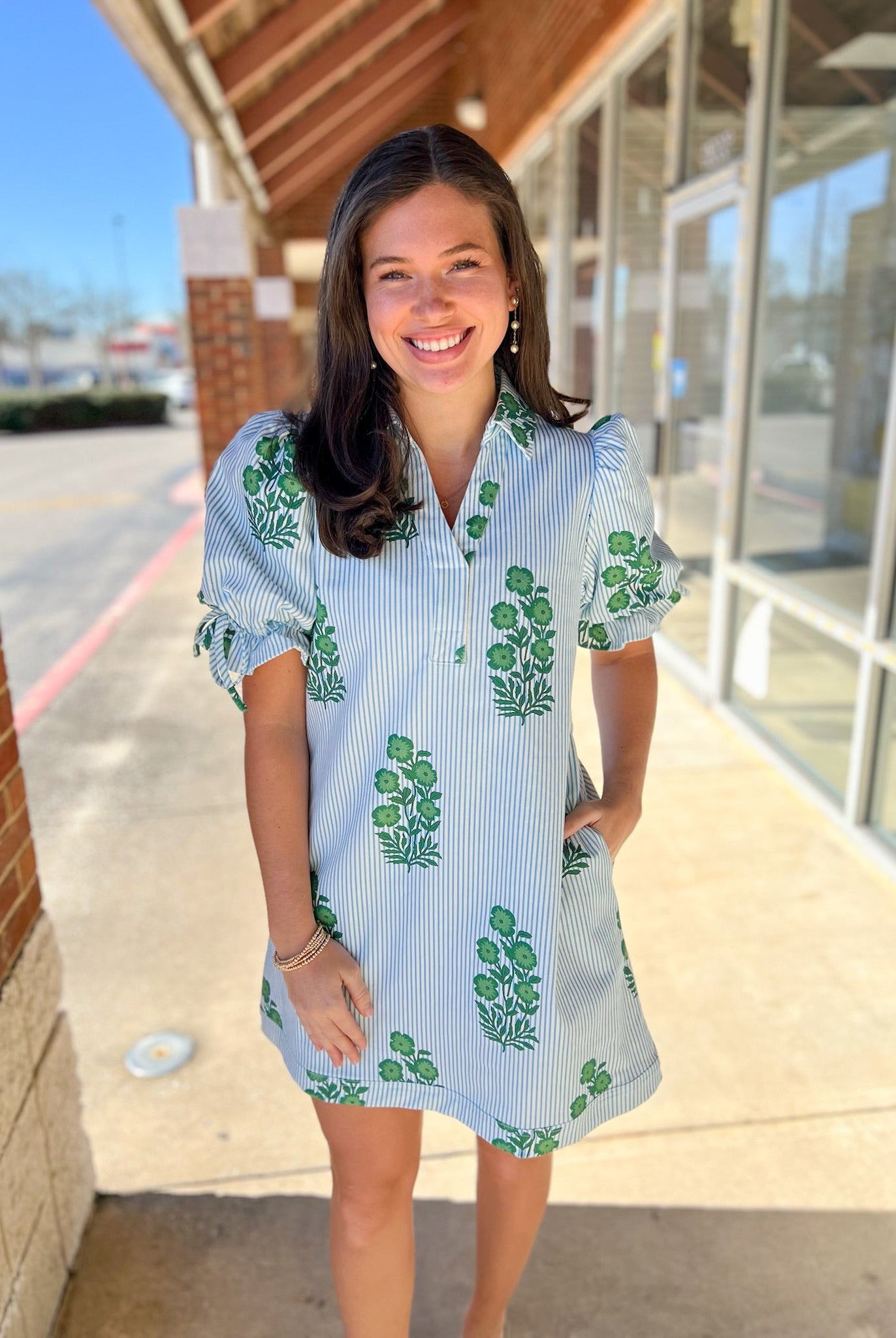 Green Floral Striped Dress with Short Puff Sleeves - A'Bekah's Boutique