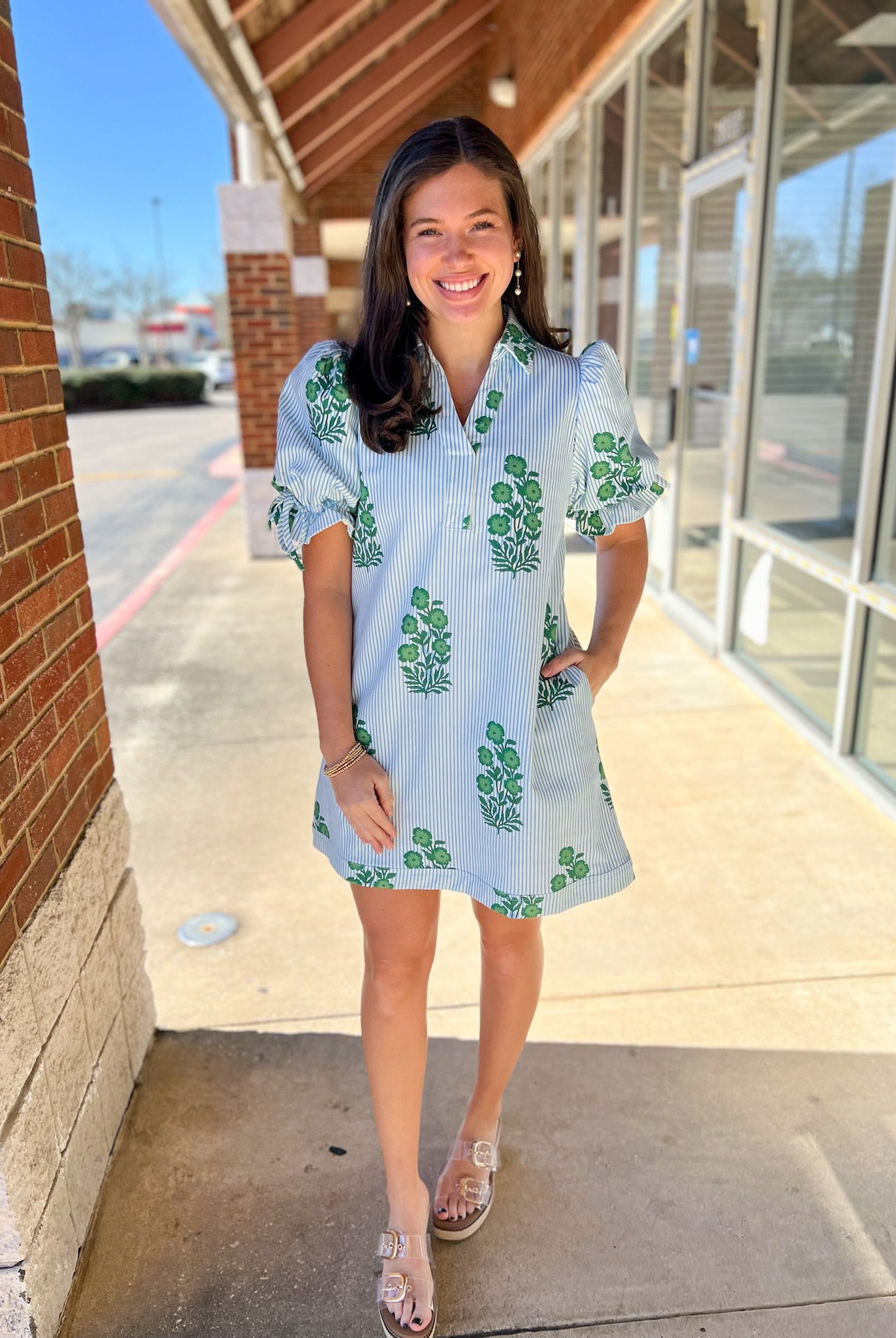 Green Floral Striped Dress with Short Puff Sleeves - A'Bekah's Boutique