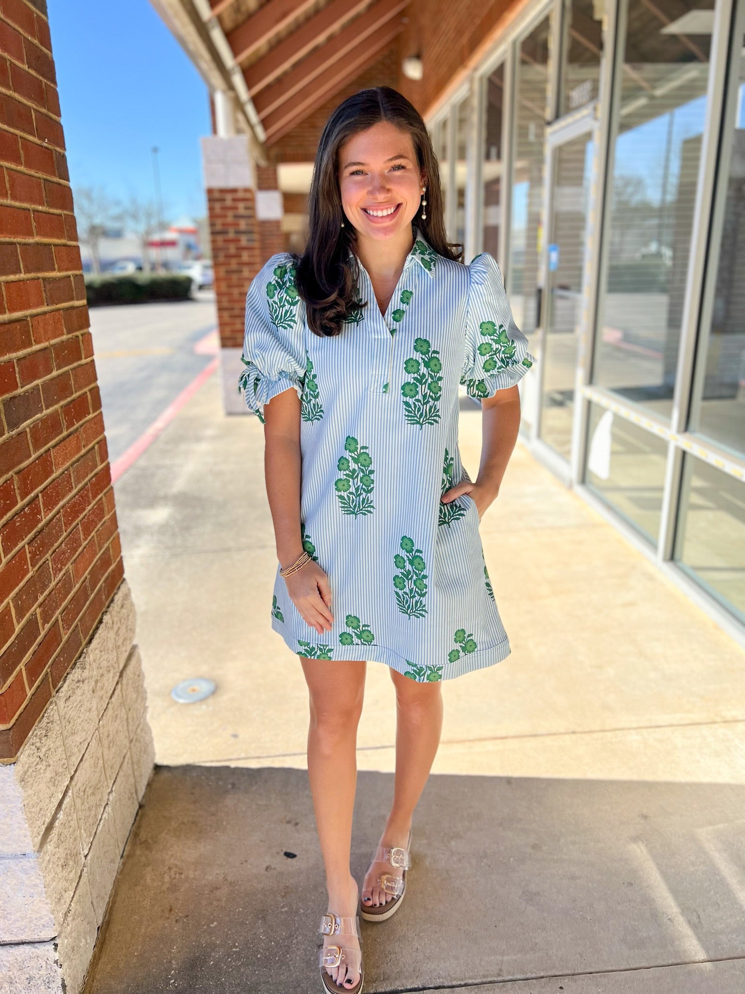 Green Floral Striped Dress with Short Puff Sleeves - A'Bekah's Boutique