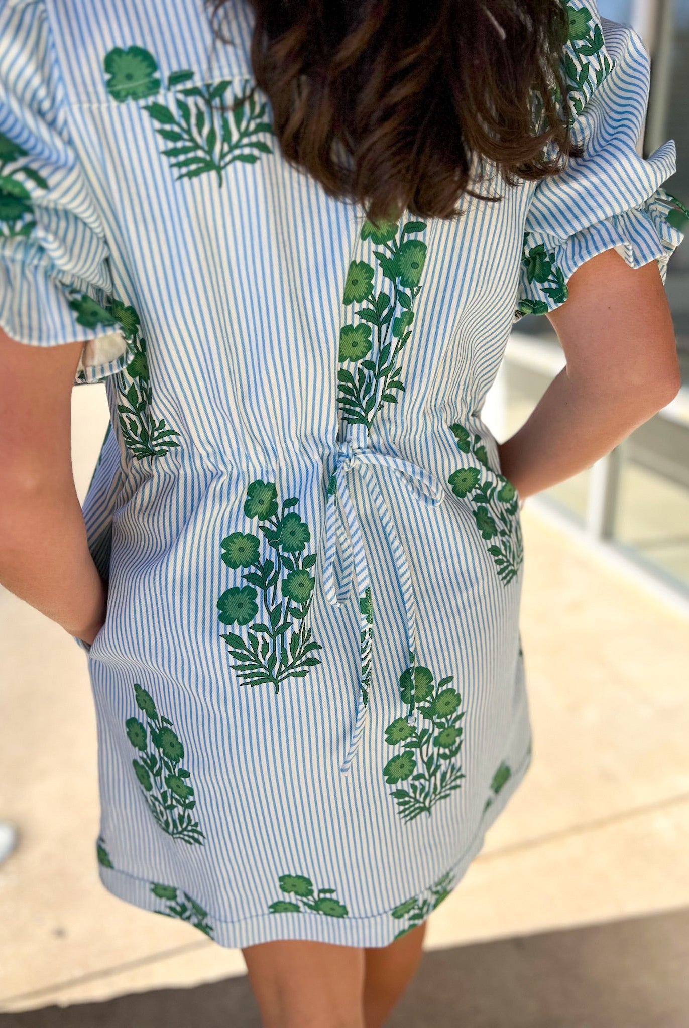 Green Floral Striped Dress with Short Puff Sleeves - A'Bekah's Boutique
