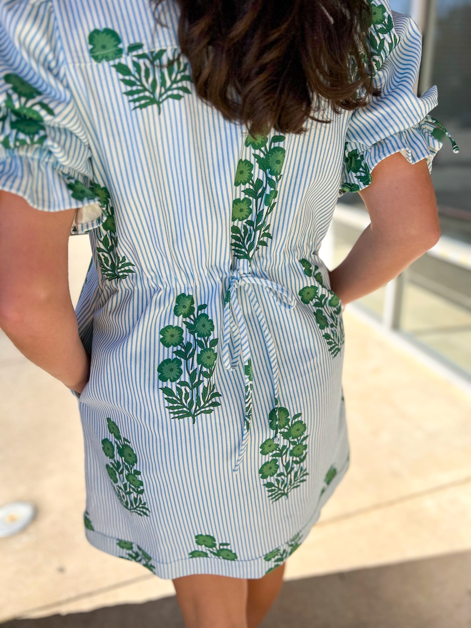 Green Floral Striped Dress with Short Puff Sleeves - A'Bekah's Boutique