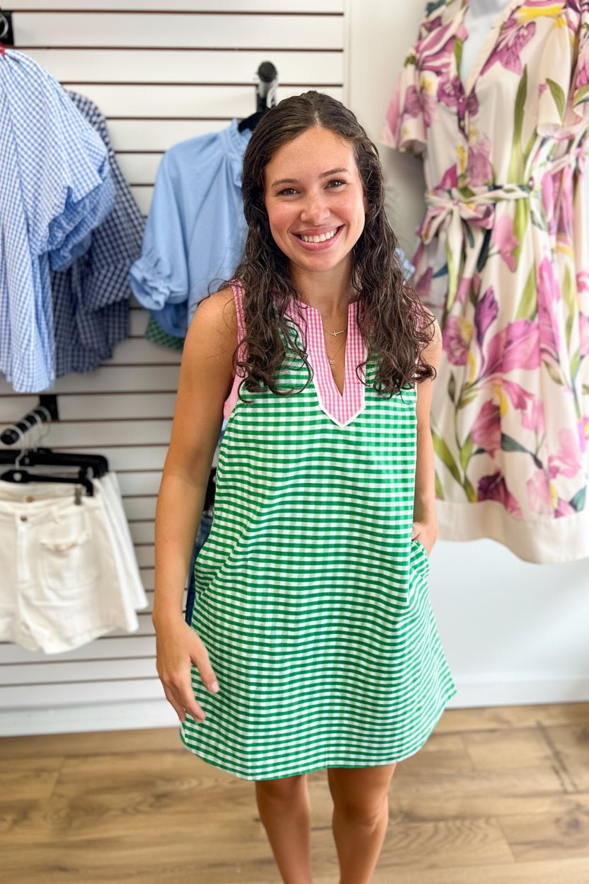 Green Gingham Dress with Pink Contrast Trim Details - A'Bekah's Boutique