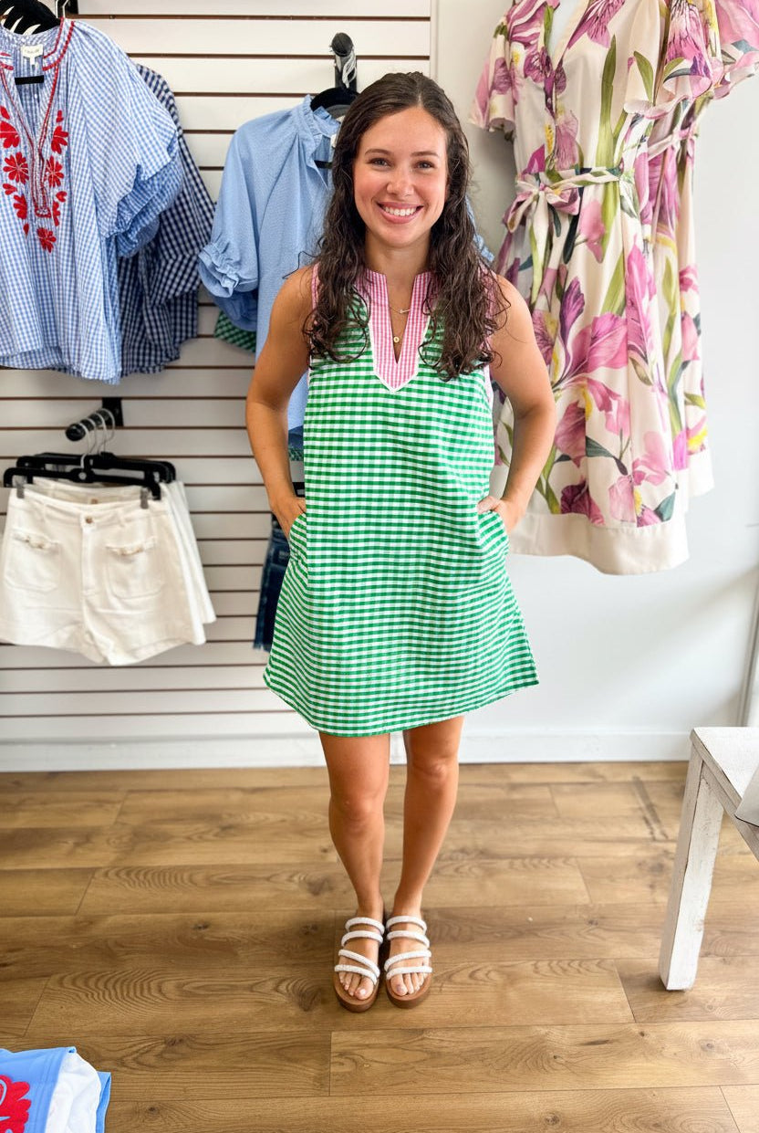 Green Gingham Dress with Pink Contrast Trim Details - A'Bekah's Boutique