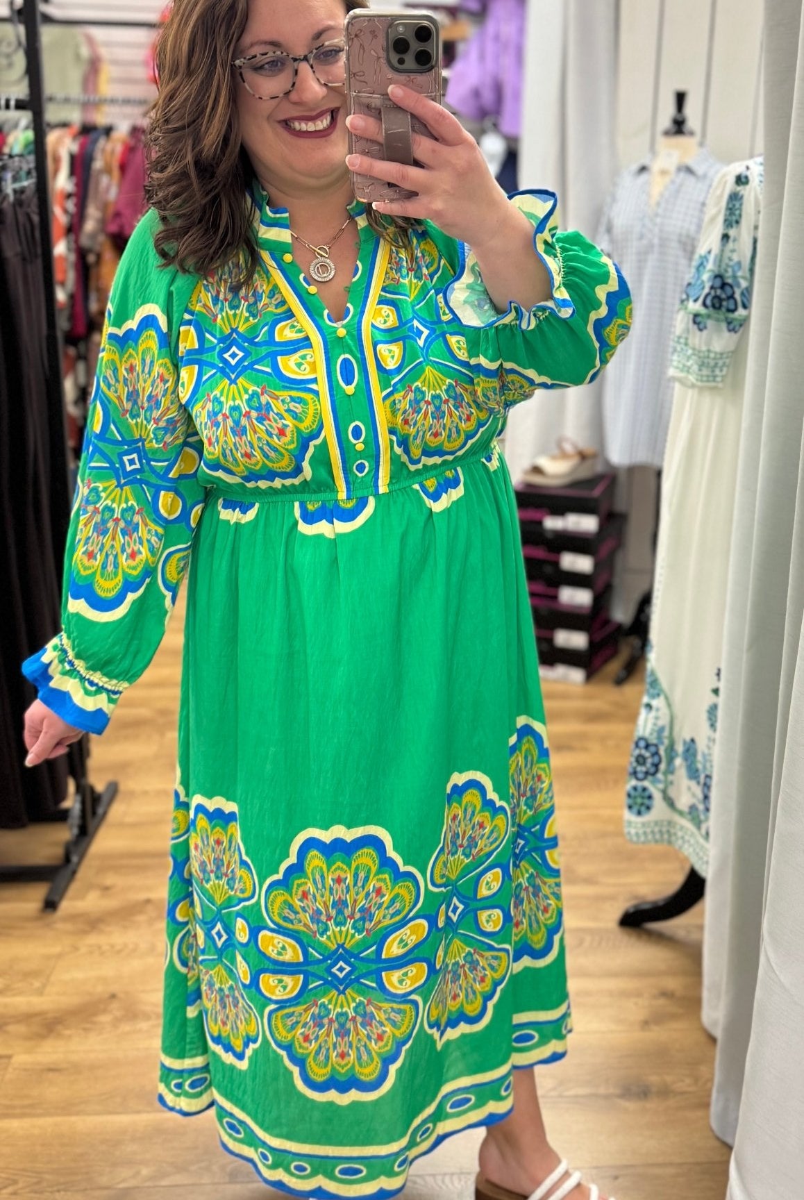 Green Mix Border Print Midi Dress - A'Bekah's Boutique