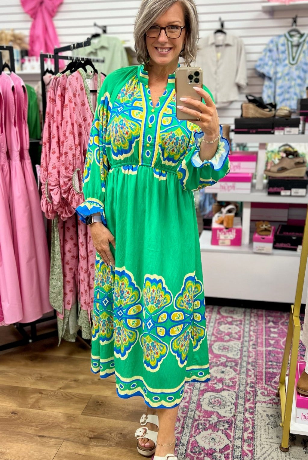Green Mix Border Print Midi Dress - A'Bekah's Boutique