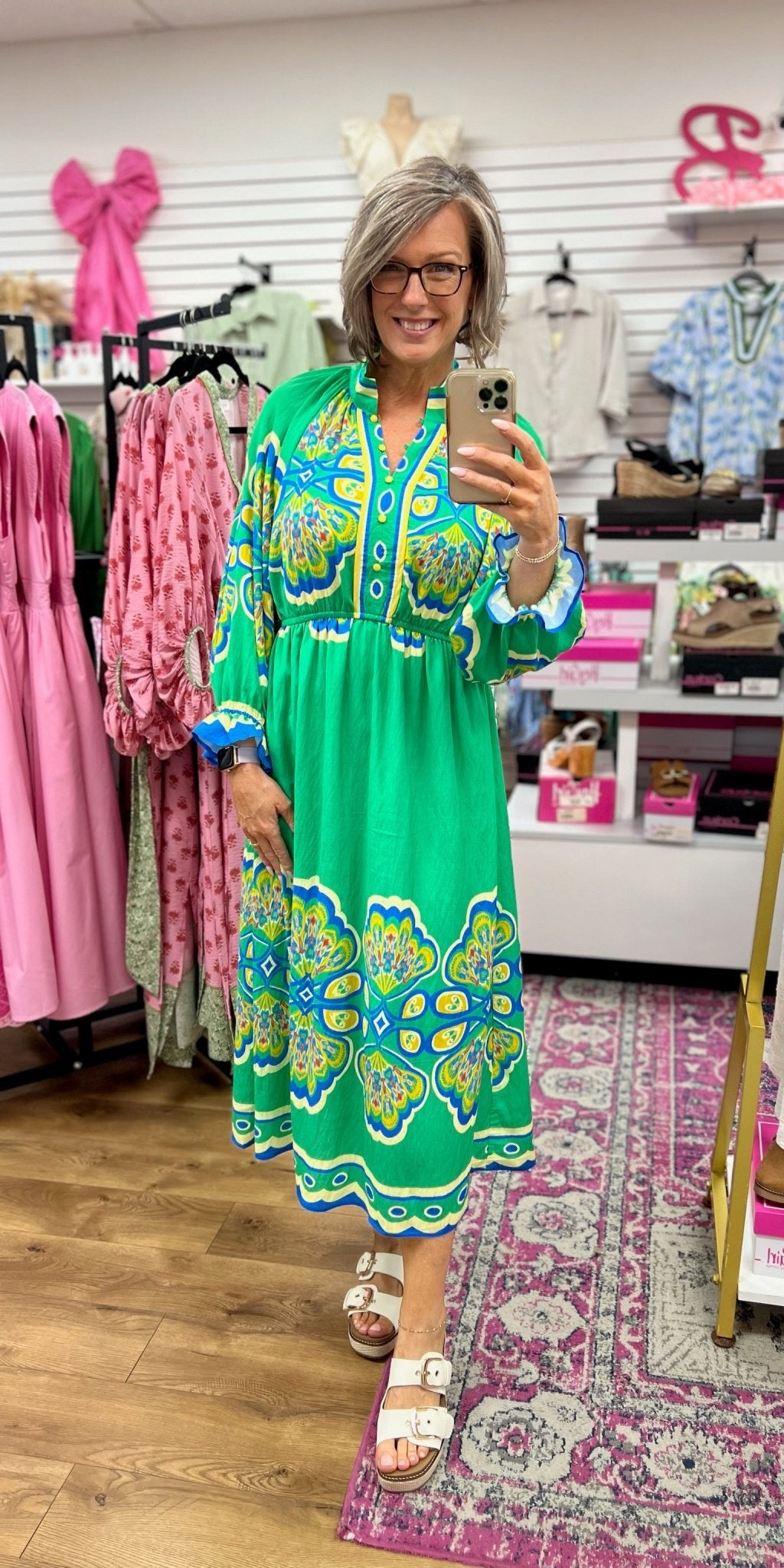 Green Mix Border Print Midi Dress - A'Bekah's Boutique