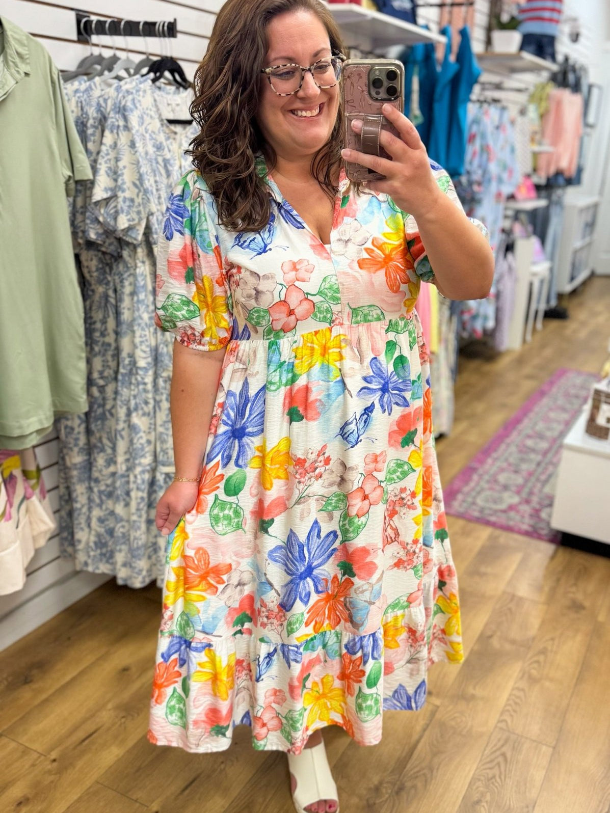 Green Mix Watercolor Floral Midi Dress - A'Bekah's Boutique