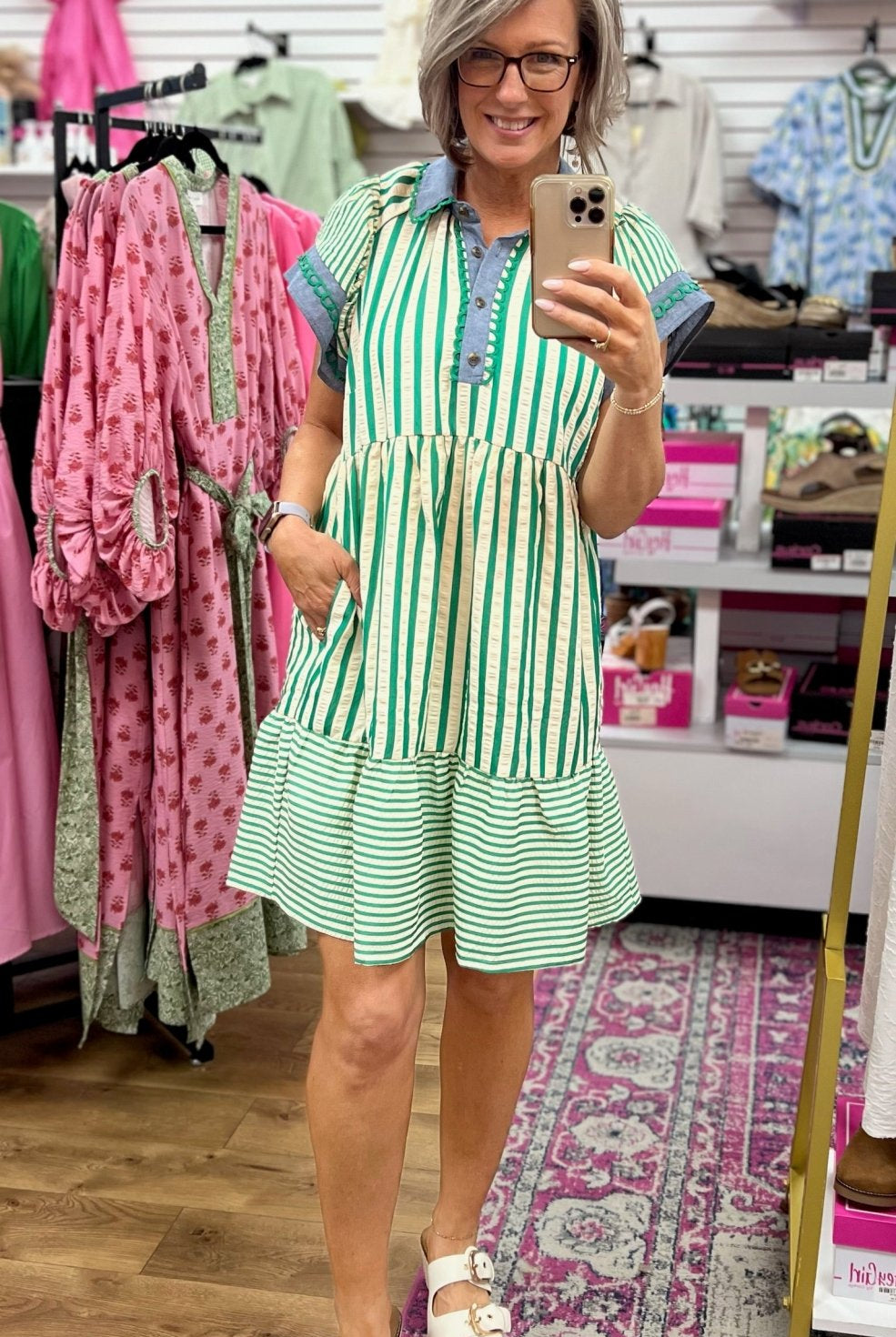 Green Multi Striped Contrast Trim Short Sleeve Dress - A'Bekah's Boutique