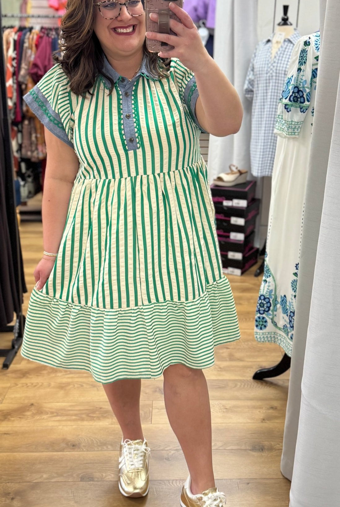 Green Multi Striped Contrast Trim Short Sleeve Dress - A'Bekah's Boutique