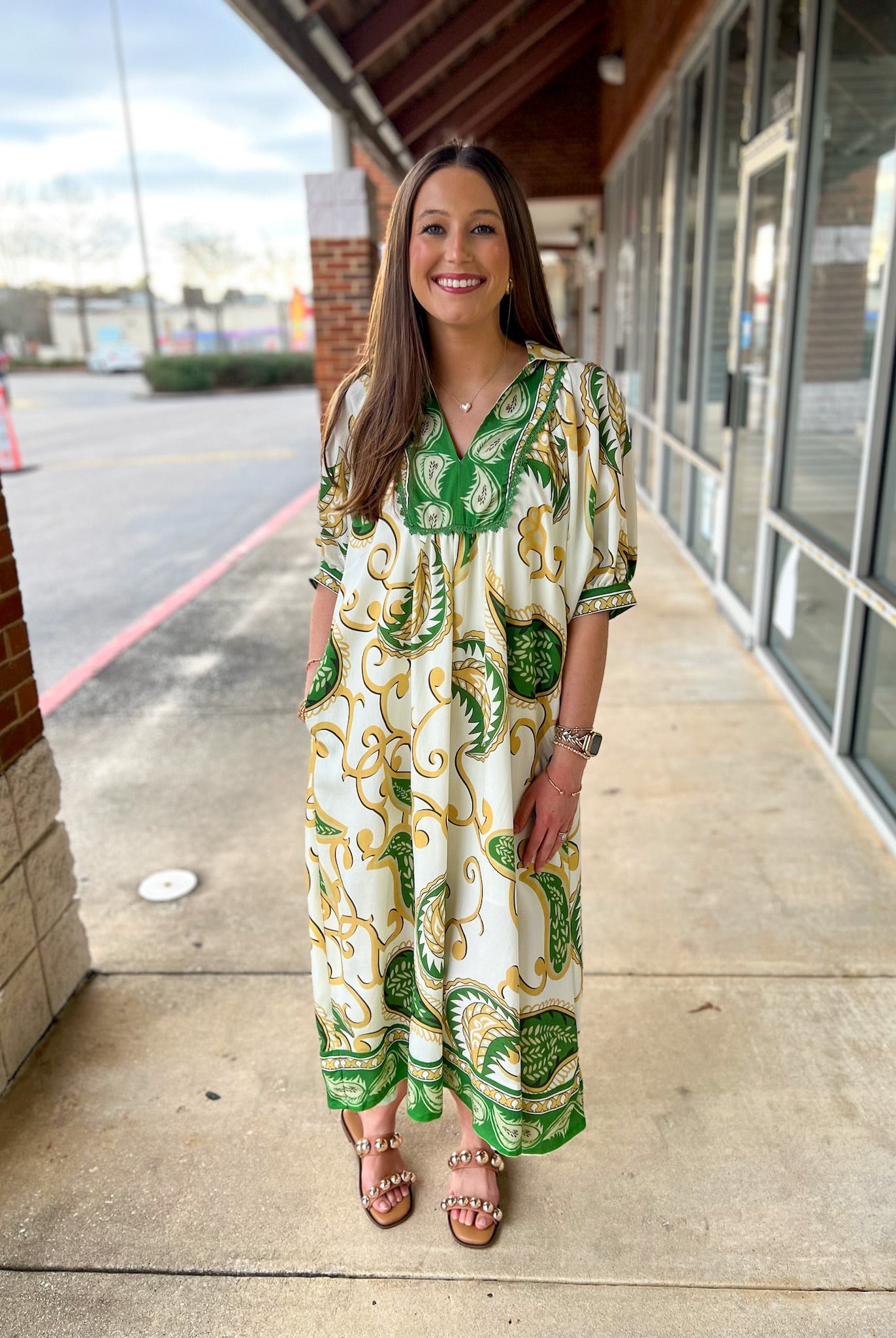 Green Paisley Print V - Neck Border Trim Midi Dress - A'Bekah's Boutique