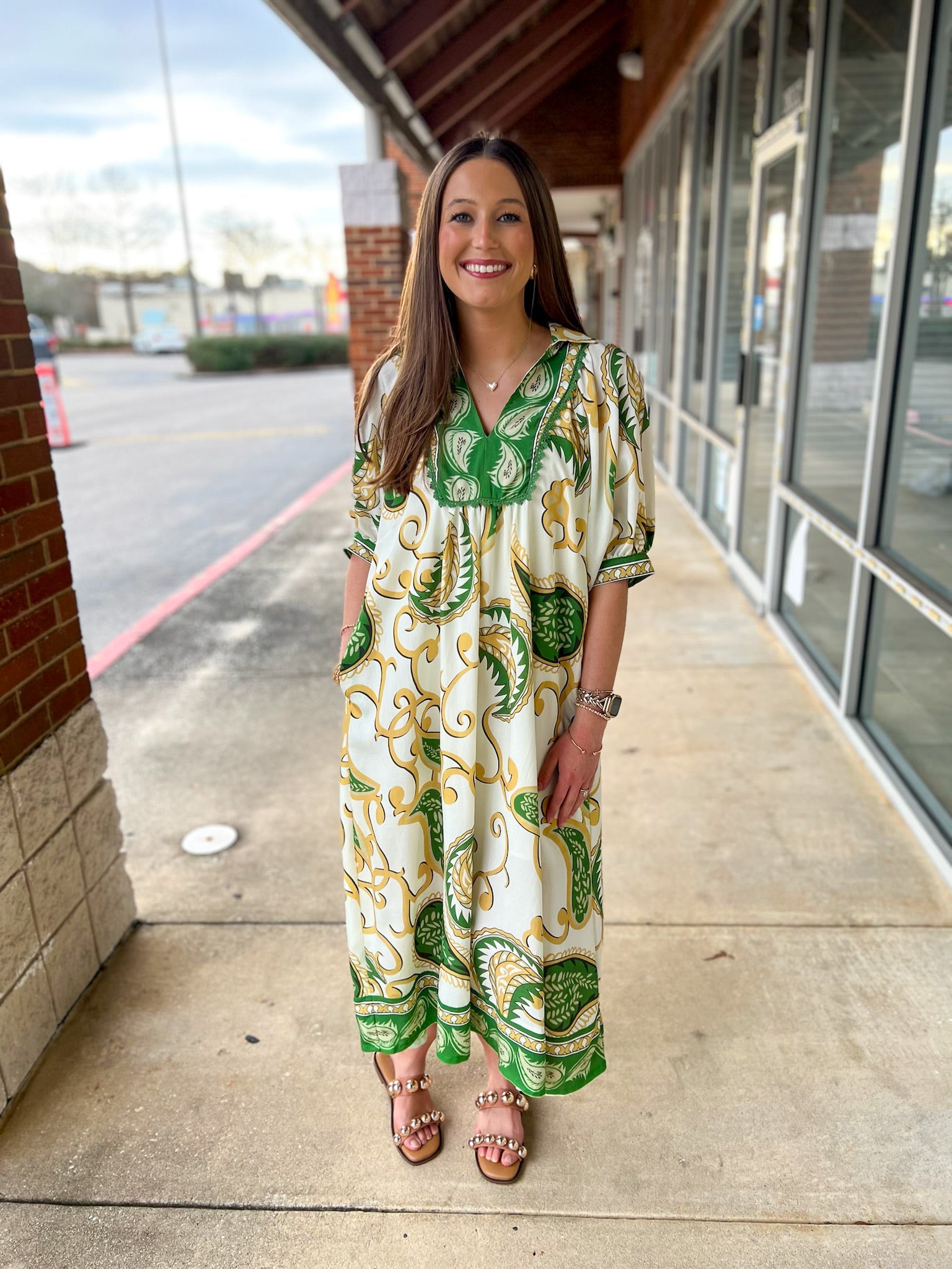 Green Paisley Print V - Neck Border Trim Midi Dress - A'Bekah's Boutique