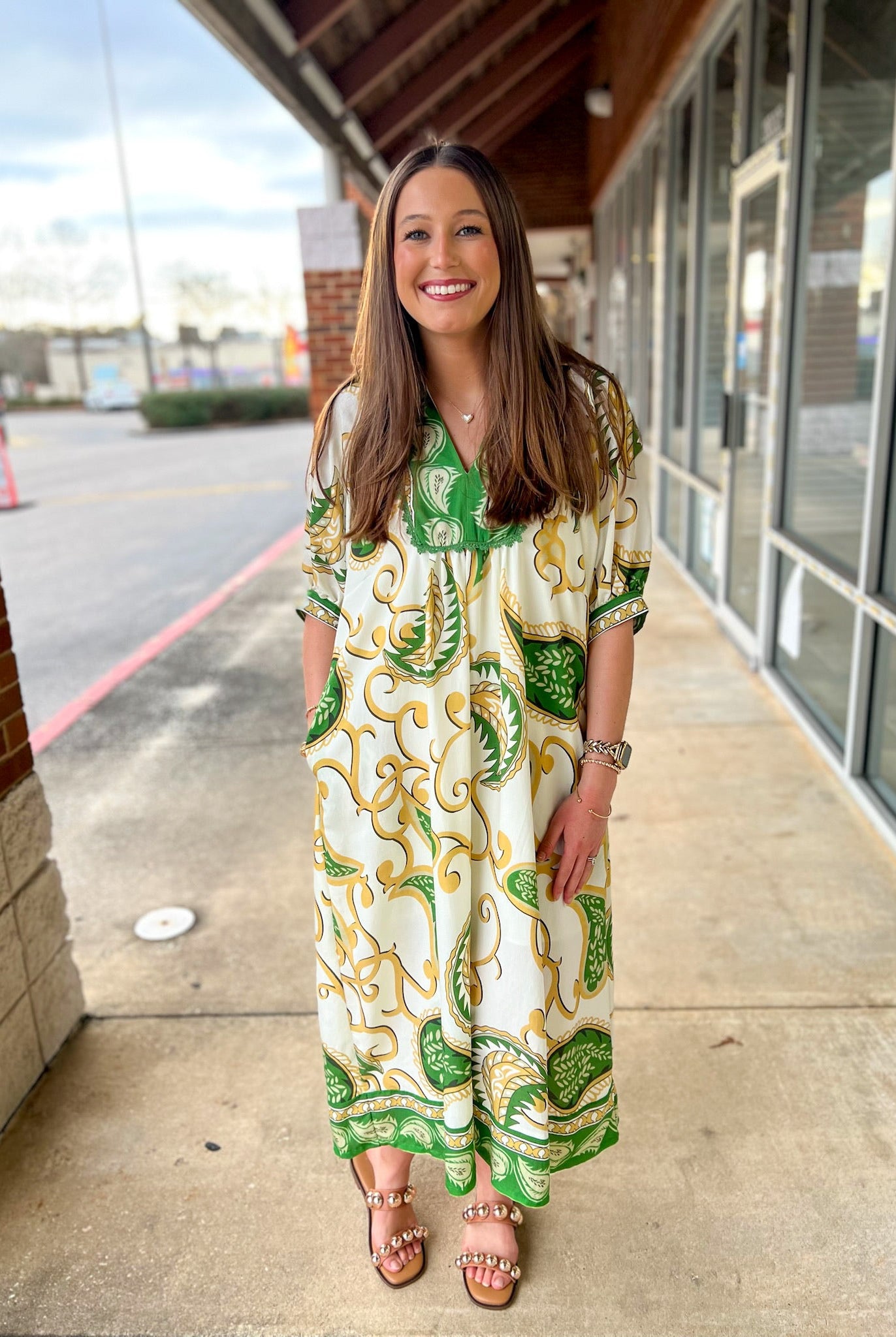 Green Paisley Print V - Neck Border Trim Midi Dress - A'Bekah's Boutique