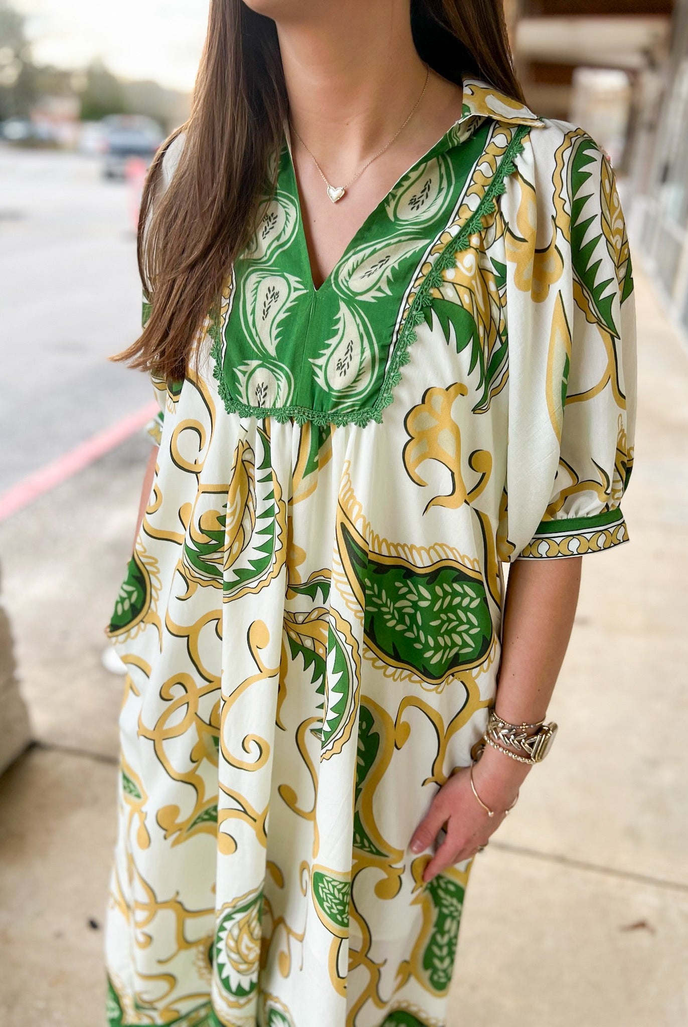 Green Paisley Print V - Neck Border Trim Midi Dress - A'Bekah's Boutique