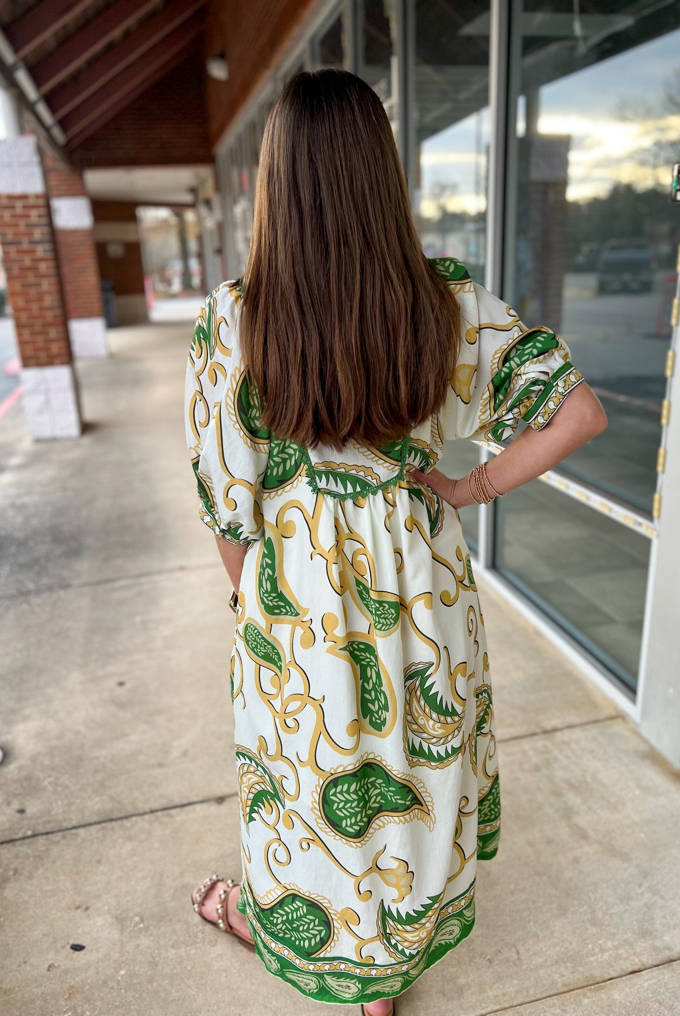 Green Paisley Print V - Neck Border Trim Midi Dress - A'Bekah's Boutique