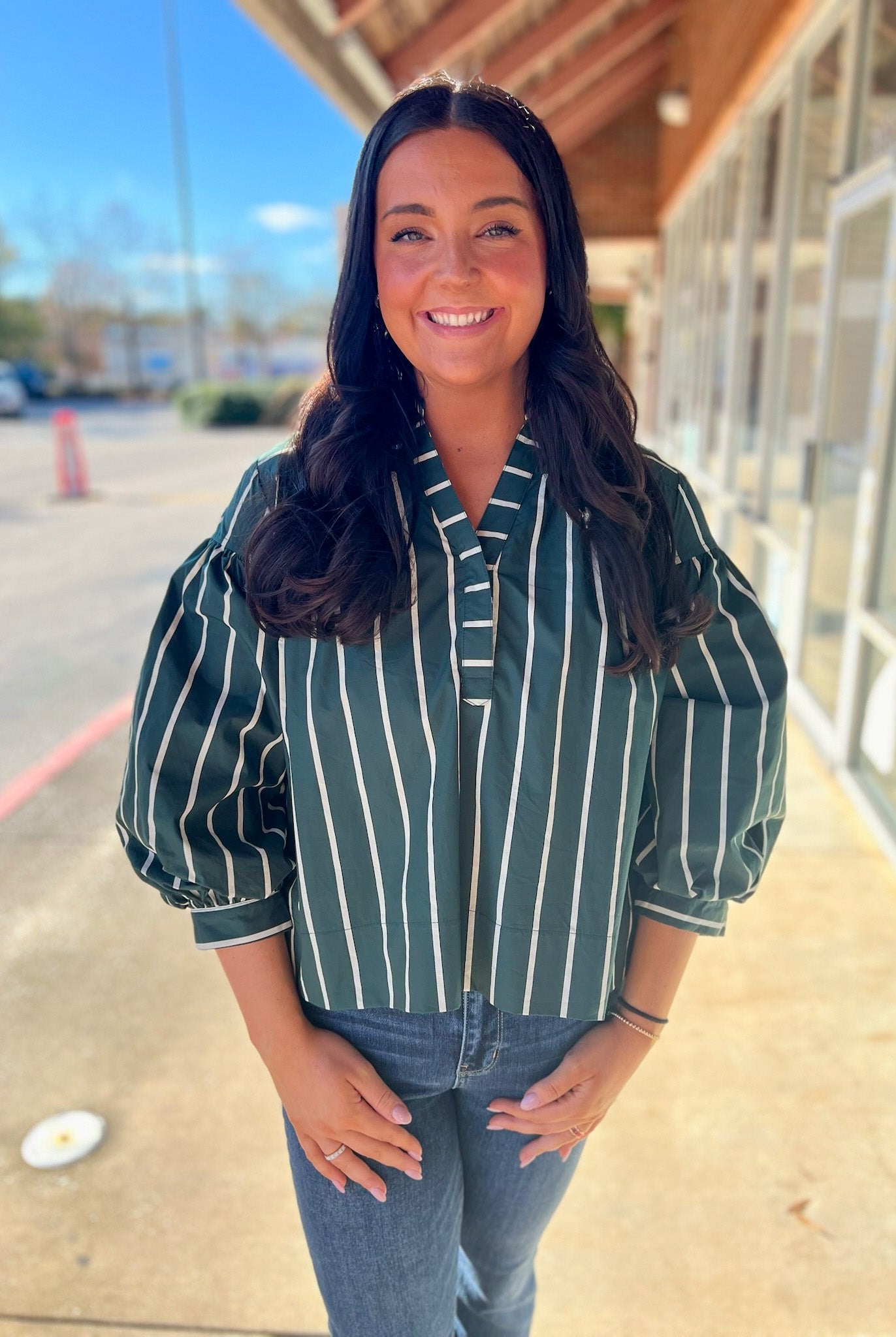 Green Striped V - Neck Top with Long Cuffed Puff Sleeves - A'Bekah's Boutique