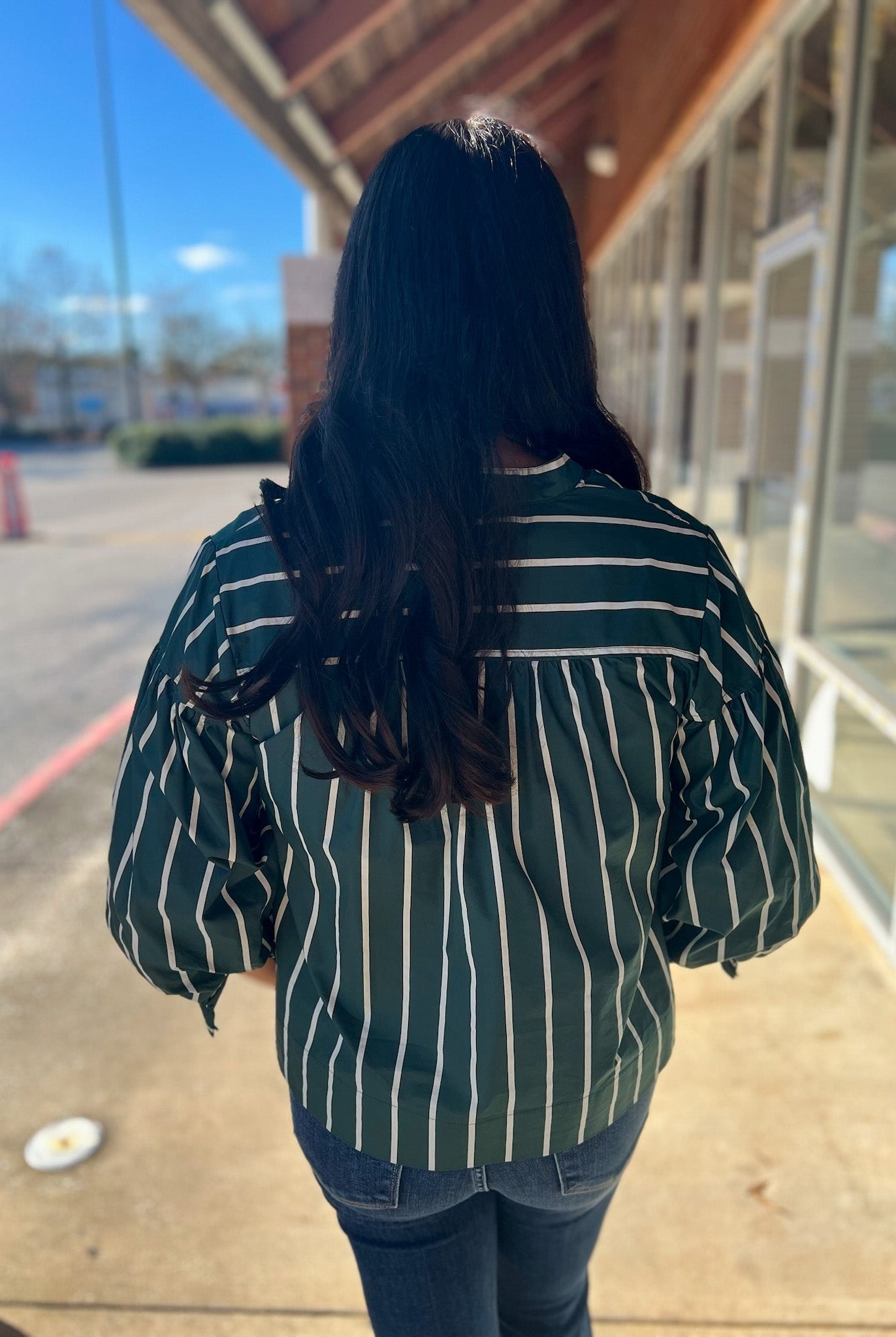 Green Striped V - Neck Top with Long Cuffed Puff Sleeves - A'Bekah's Boutique