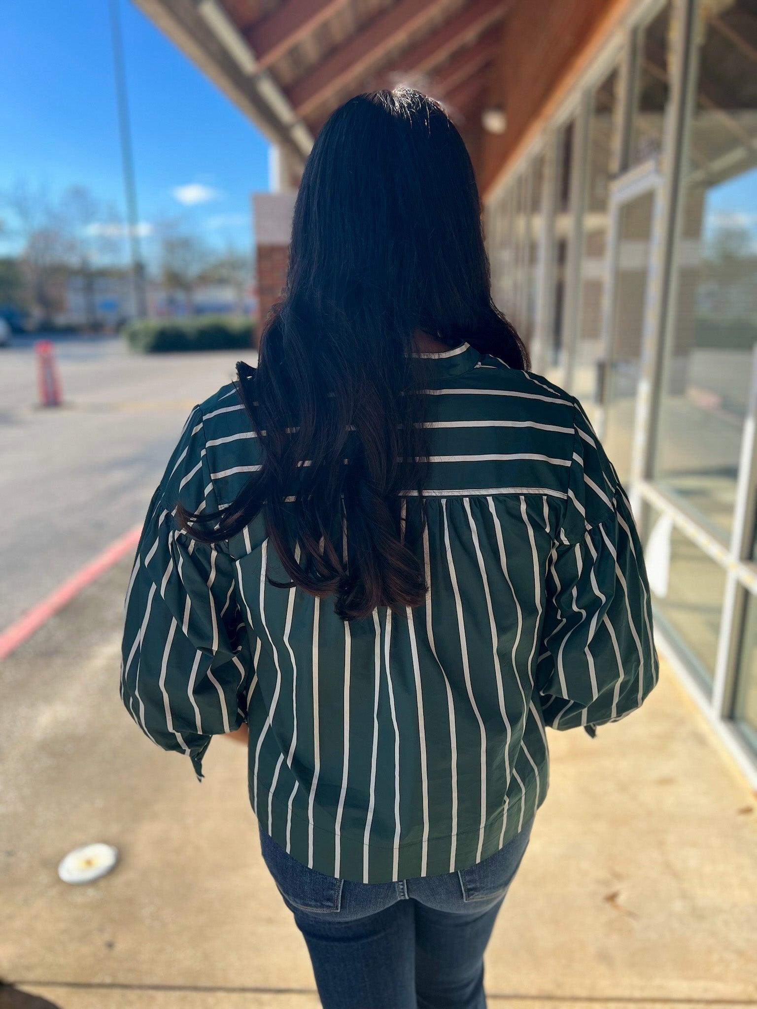 Green Striped V - Neck Top with Long Cuffed Puff Sleeves - A'Bekah's Boutique