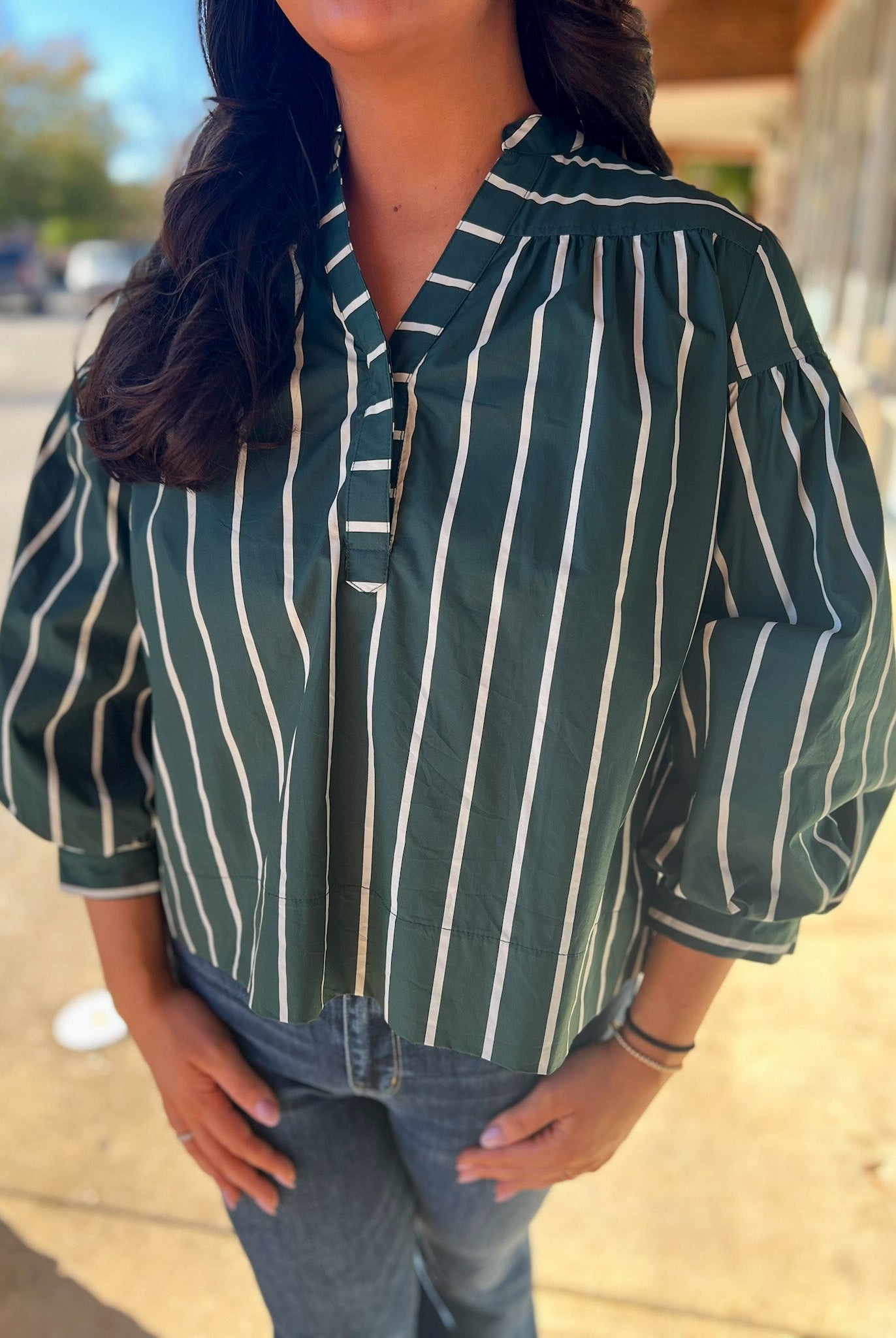 Green Striped V - Neck Top with Long Cuffed Puff Sleeves - A'Bekah's Boutique