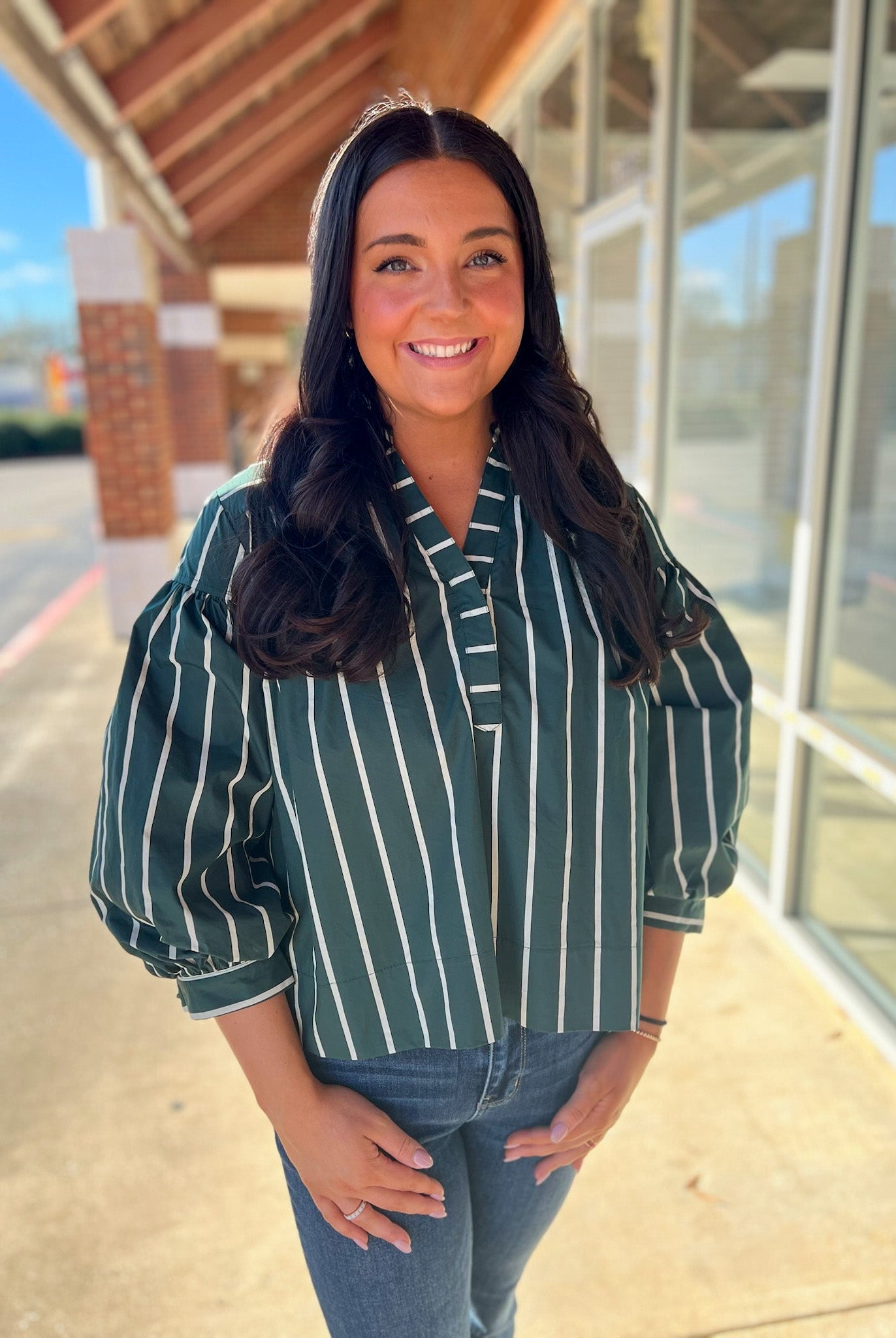 Green Striped V - Neck Top with Long Cuffed Puff Sleeves - A'Bekah's Boutique