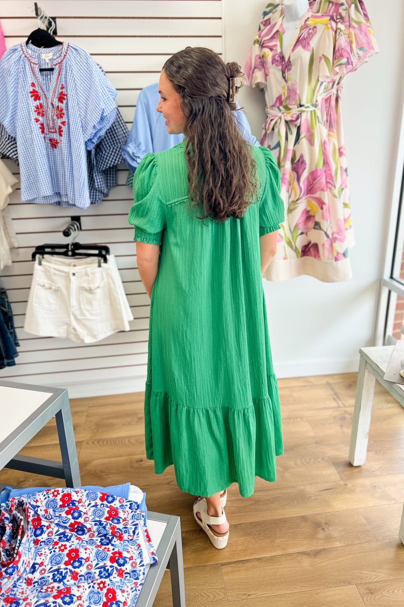 Green Tiered Midi Dress with Lace Trim - A'Bekah's Boutique