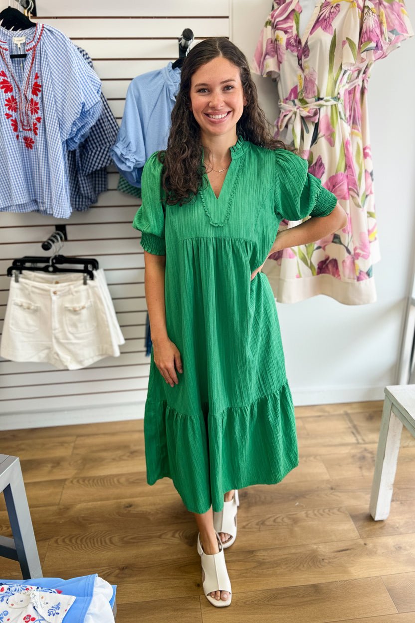 Green Tiered Midi Dress with Lace Trim - A'Bekah's Boutique