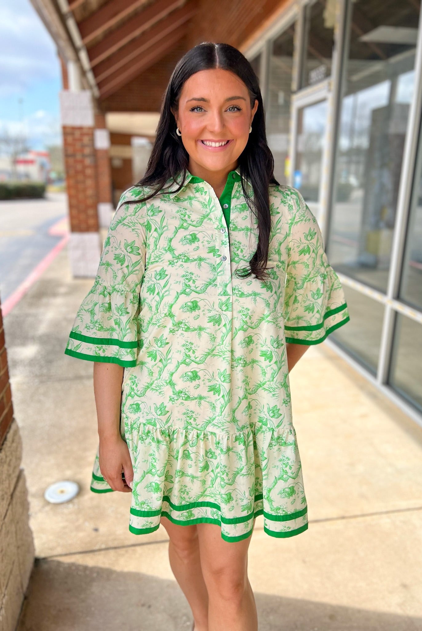 Green Toile Print 3/4 Sleeve Dress with Contrast Binding - A'Bekah's Boutique