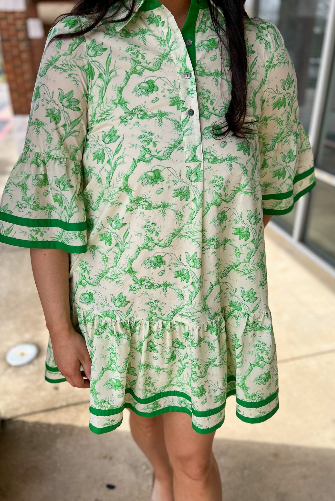 Green Toile Print 3/4 Sleeve Dress with Contrast Binding - A'Bekah's Boutique