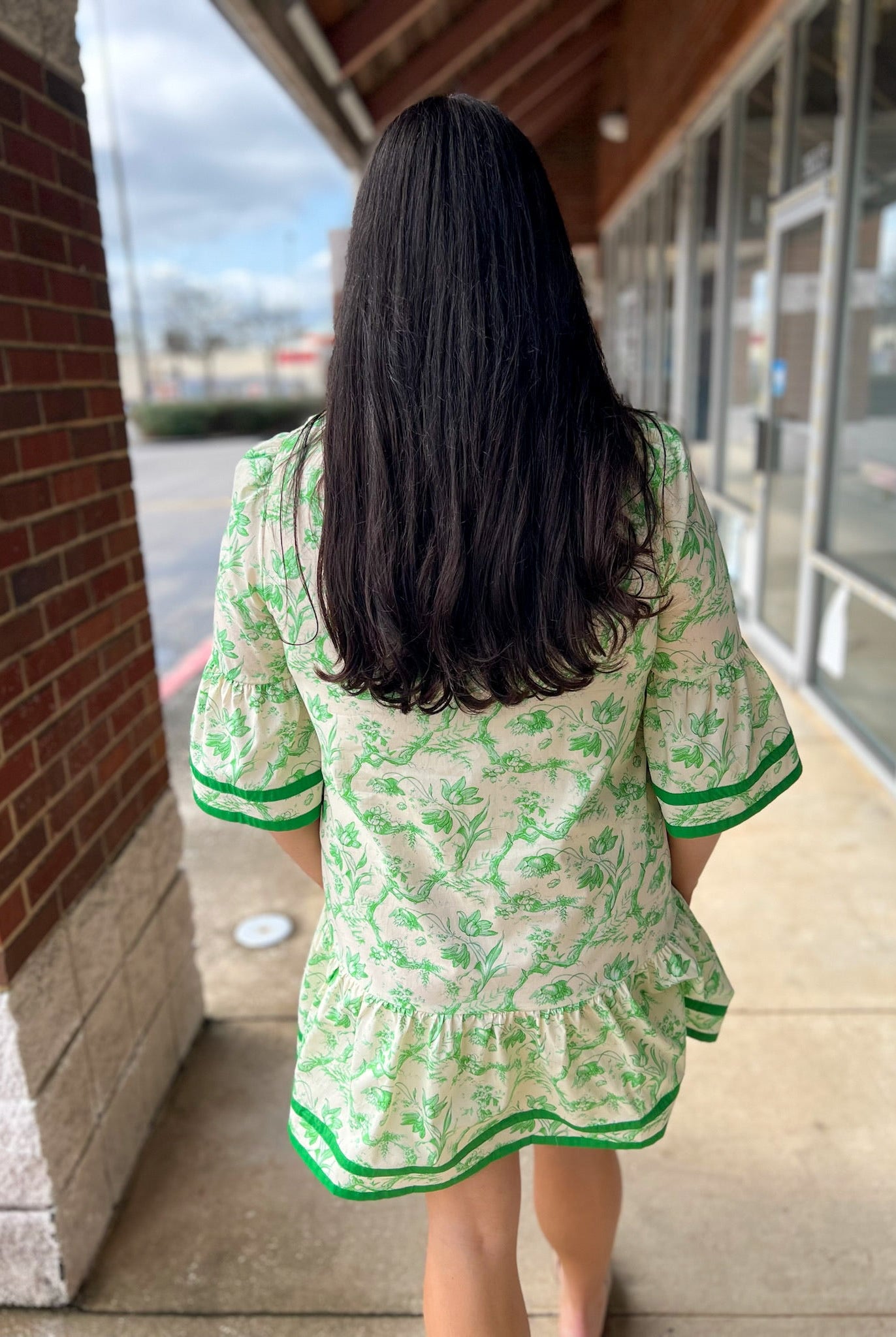 Green Toile Print 3/4 Sleeve Dress with Contrast Binding - A'Bekah's Boutique