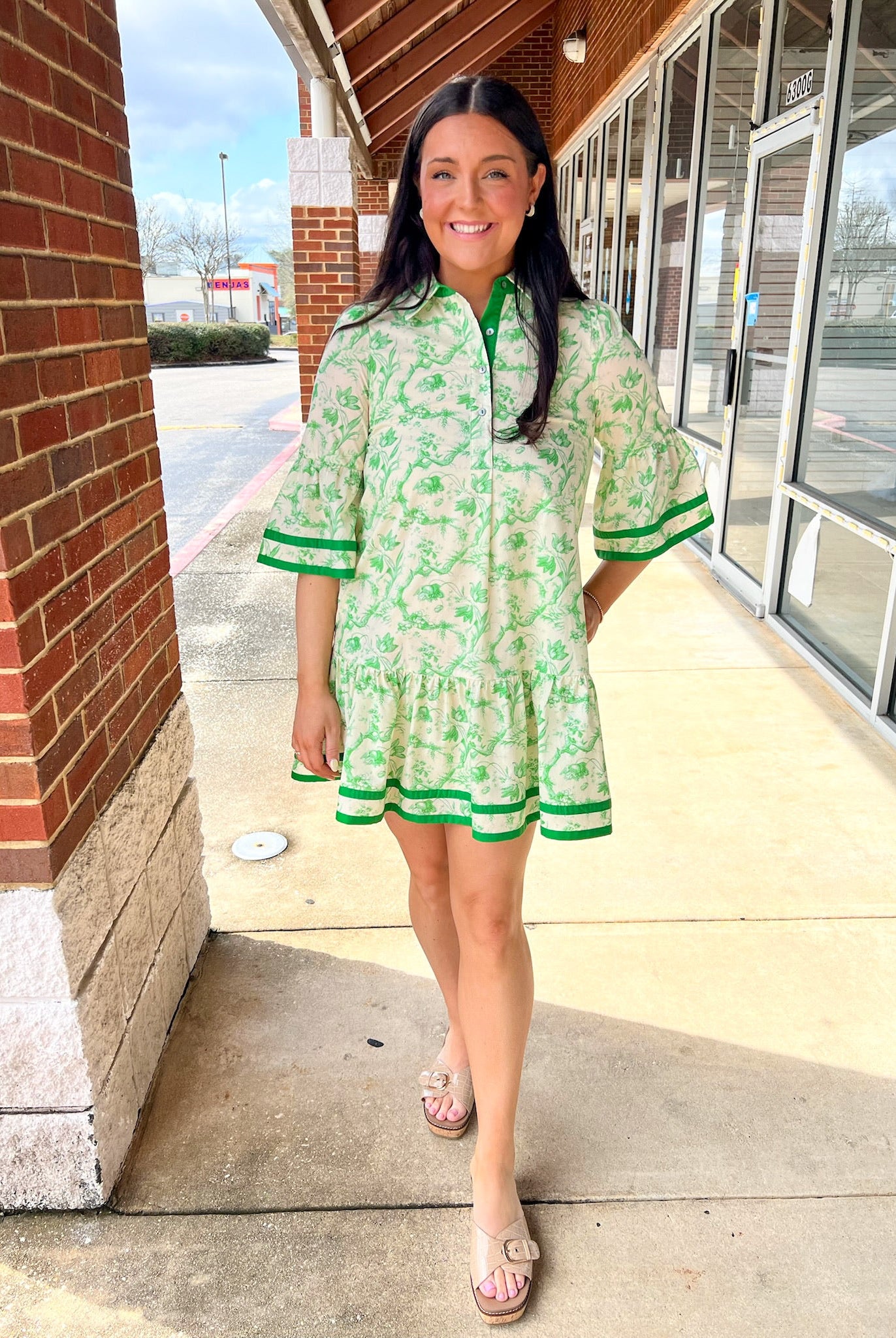 Green Toile Print 3/4 Sleeve Dress with Contrast Binding - A'Bekah's Boutique