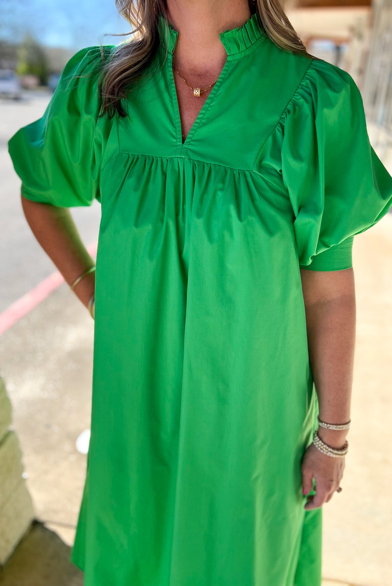 Green V - Neck Midi Dress with 3/4 Length Puff Sleeves - A'Bekah's Boutique