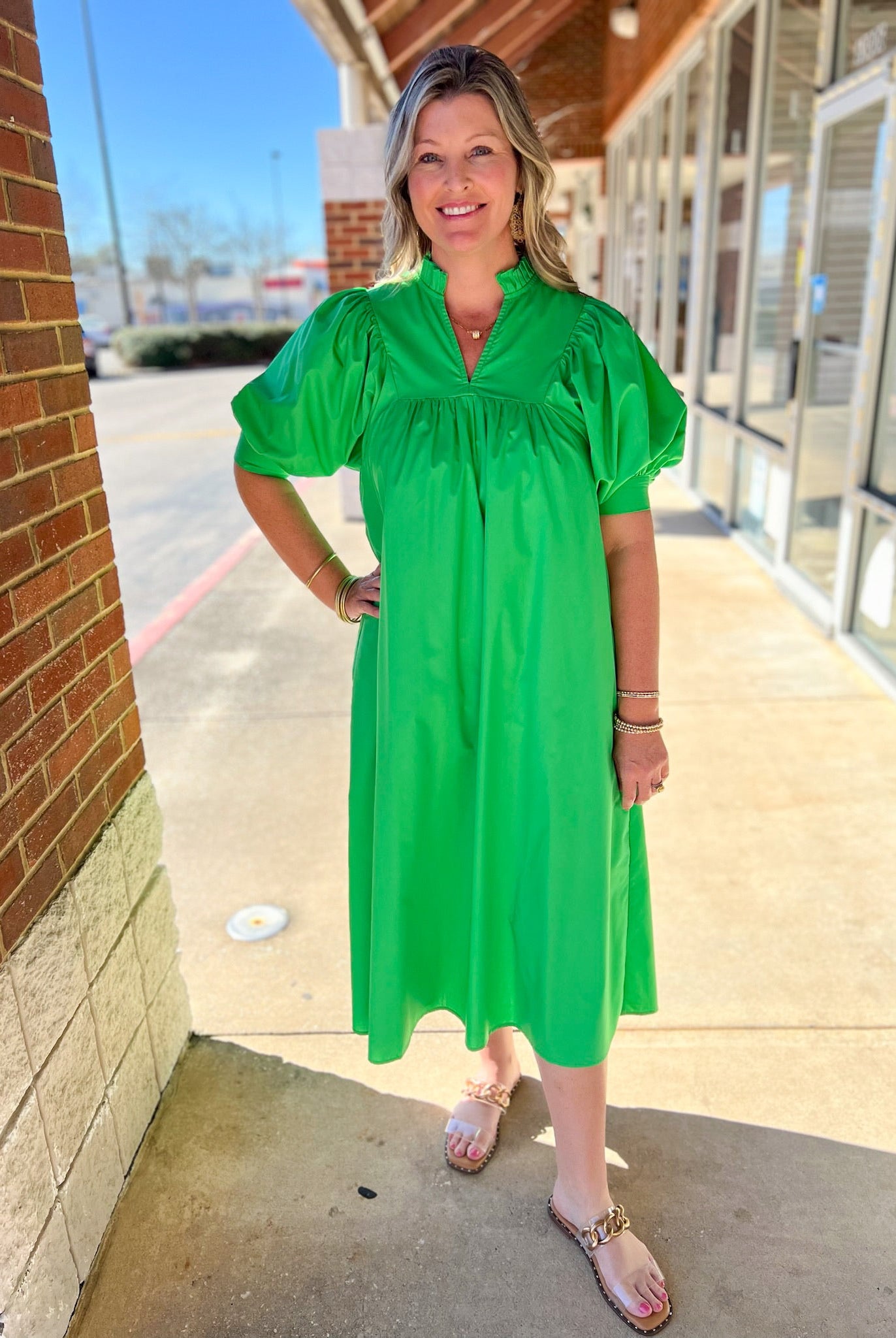 Green V - Neck Midi Dress with 3/4 Length Puff Sleeves - A'Bekah's Boutique