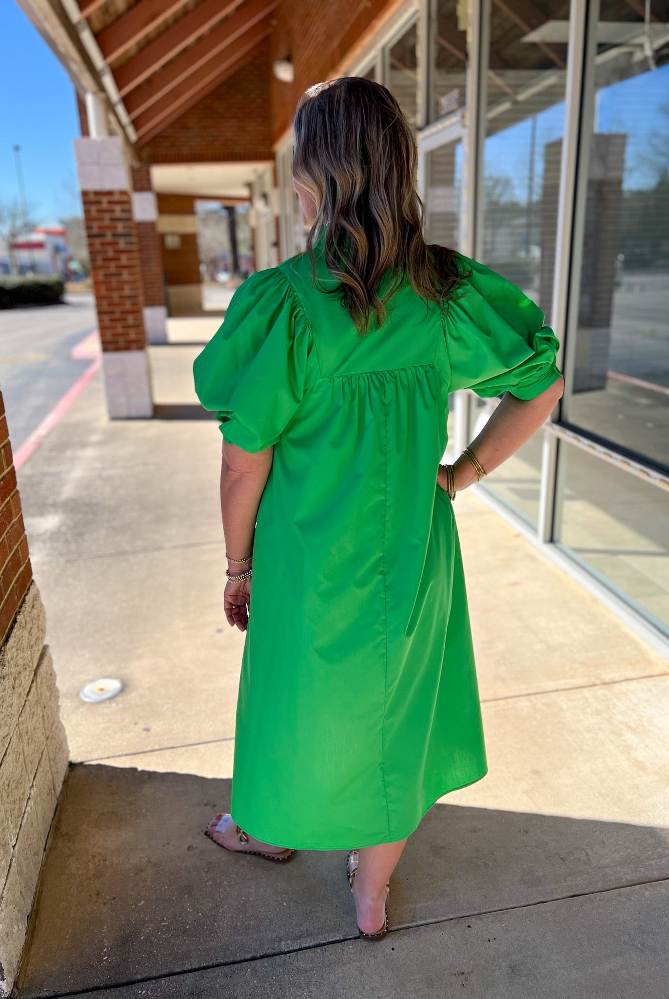 Green V - Neck Midi Dress with 3/4 Length Puff Sleeves - A'Bekah's Boutique