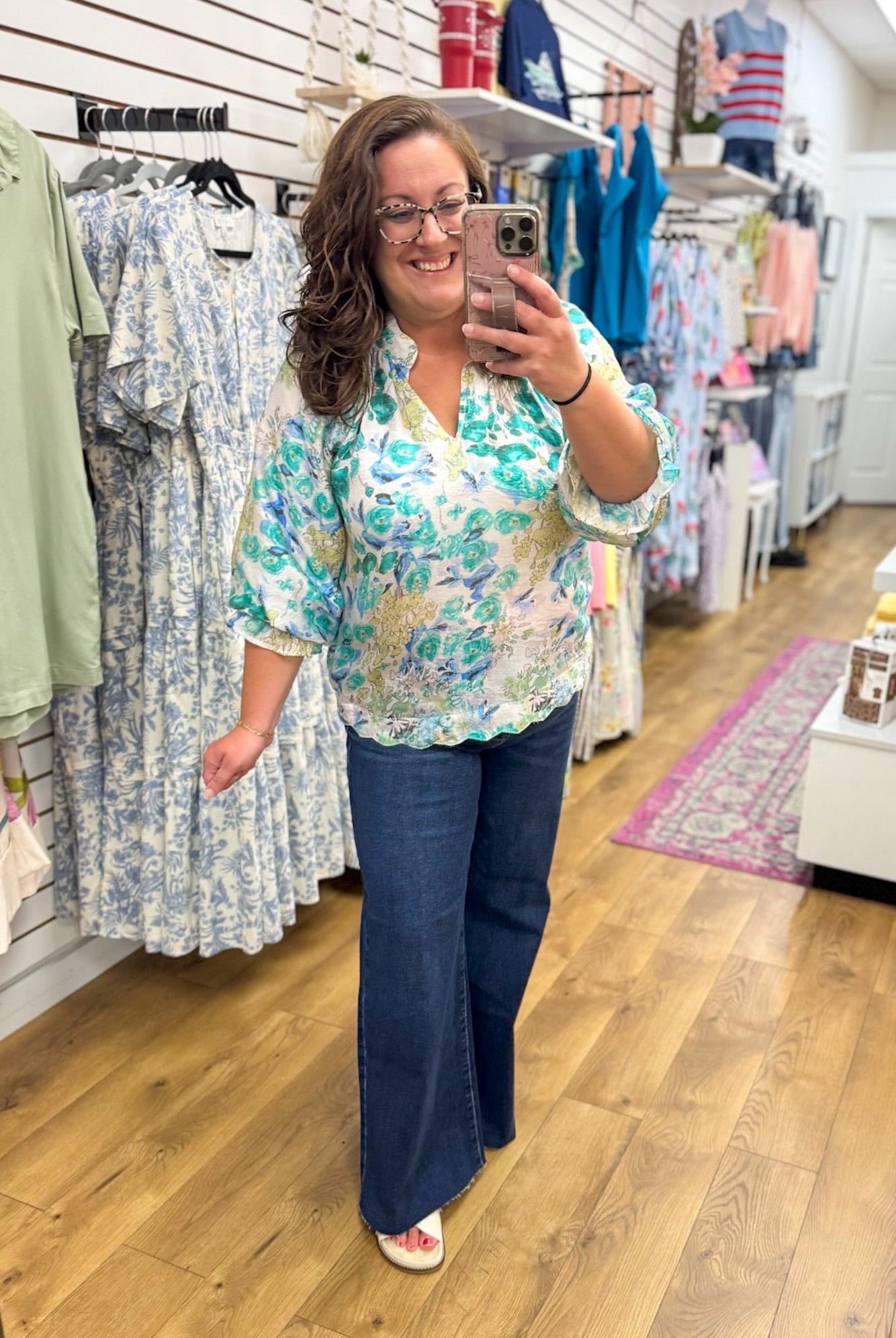 Green Watercolor Floral Top with Scalloped Hem - A'Bekah's Boutique