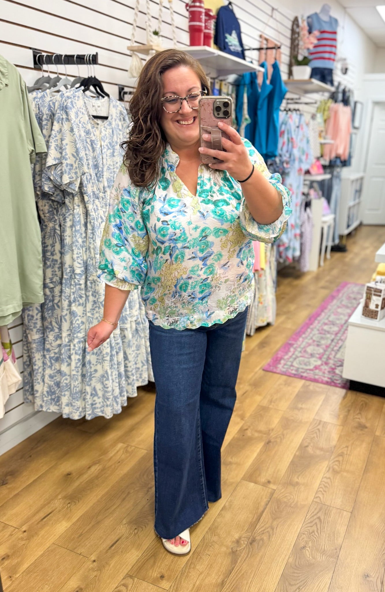 Green Watercolor Floral Top with Scalloped Hem - A'Bekah's Boutique