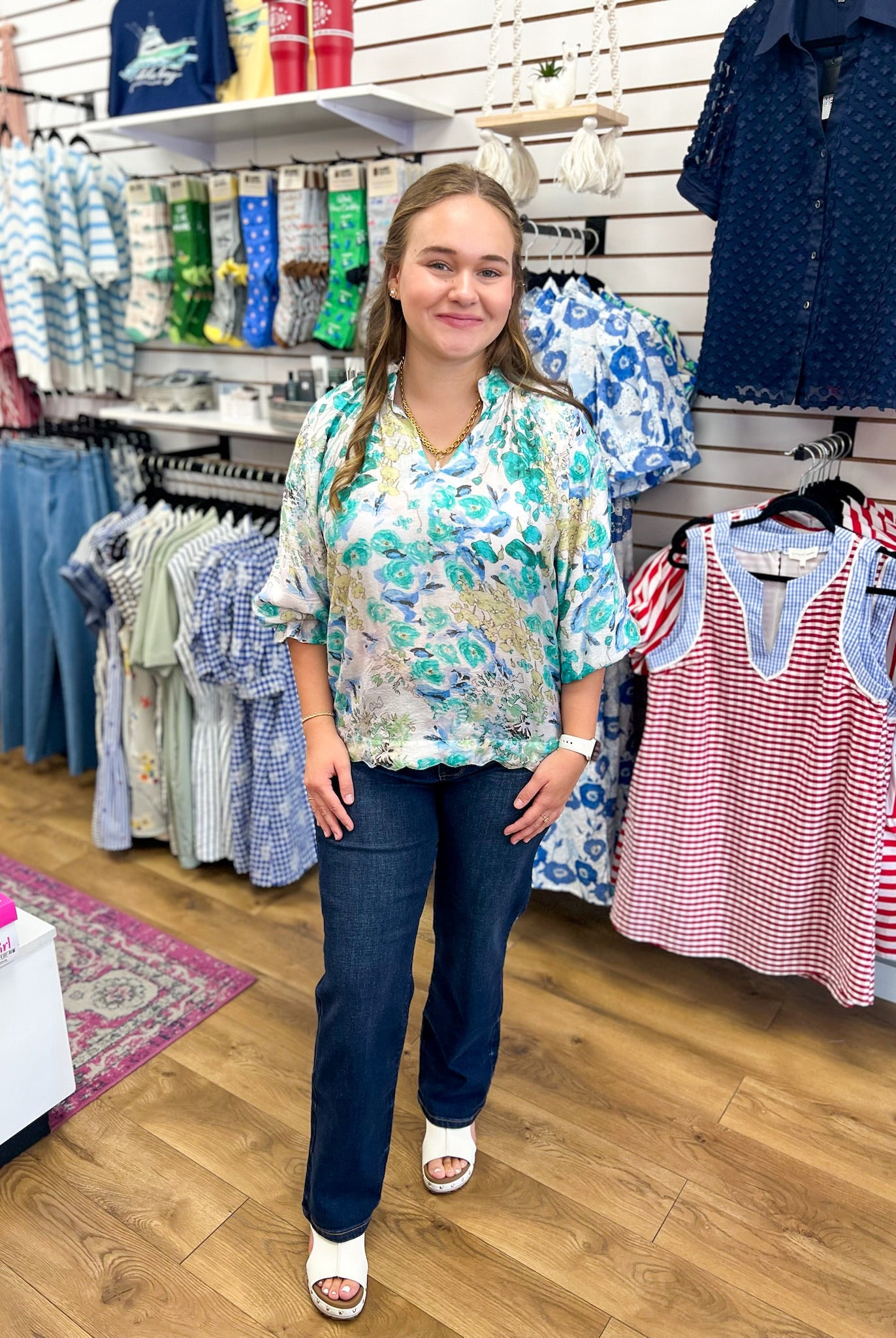Green Watercolor Floral Top with Scalloped Hem - A'Bekah's Boutique