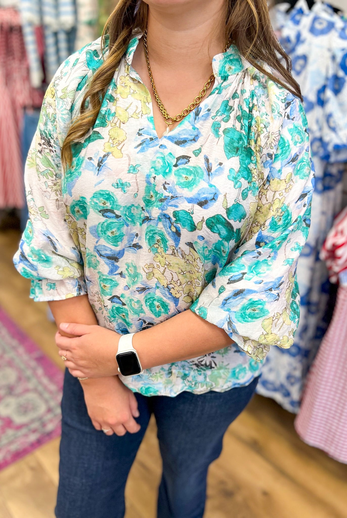 Green Watercolor Floral Top with Scalloped Hem - A'Bekah's Boutique