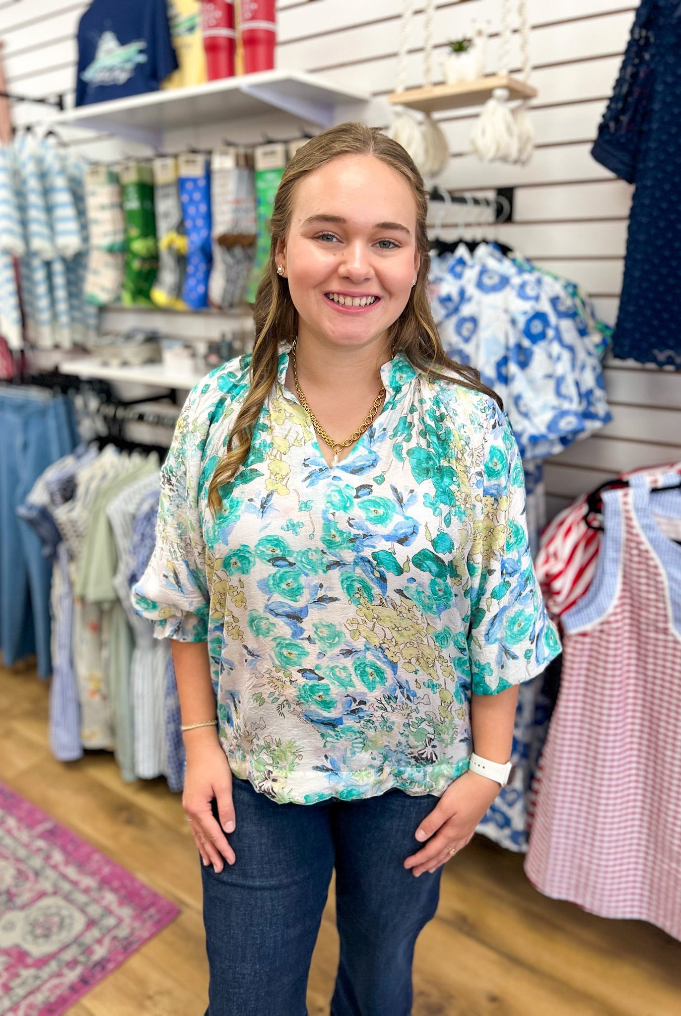 Green Watercolor Floral Top with Scalloped Hem - A'Bekah's Boutique