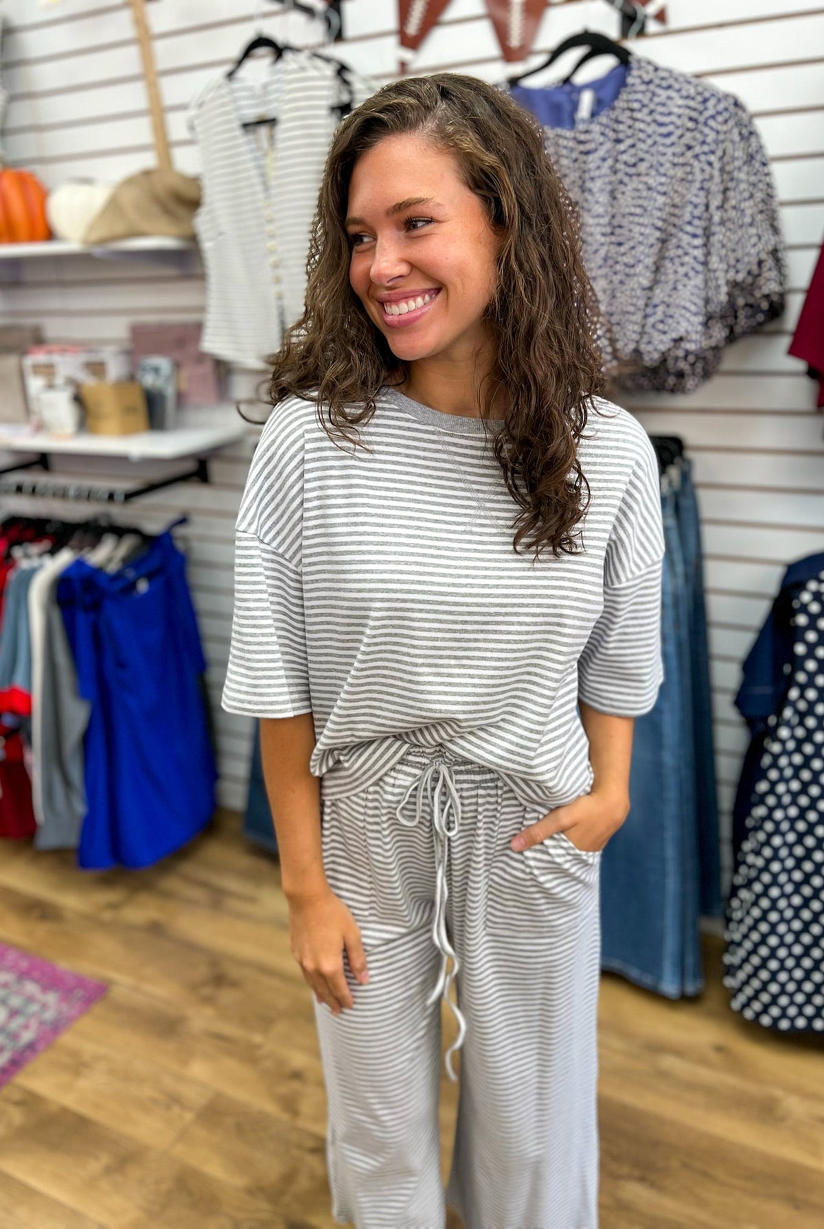 Grey and White Striped Pant Set - A'Bekah's Boutique