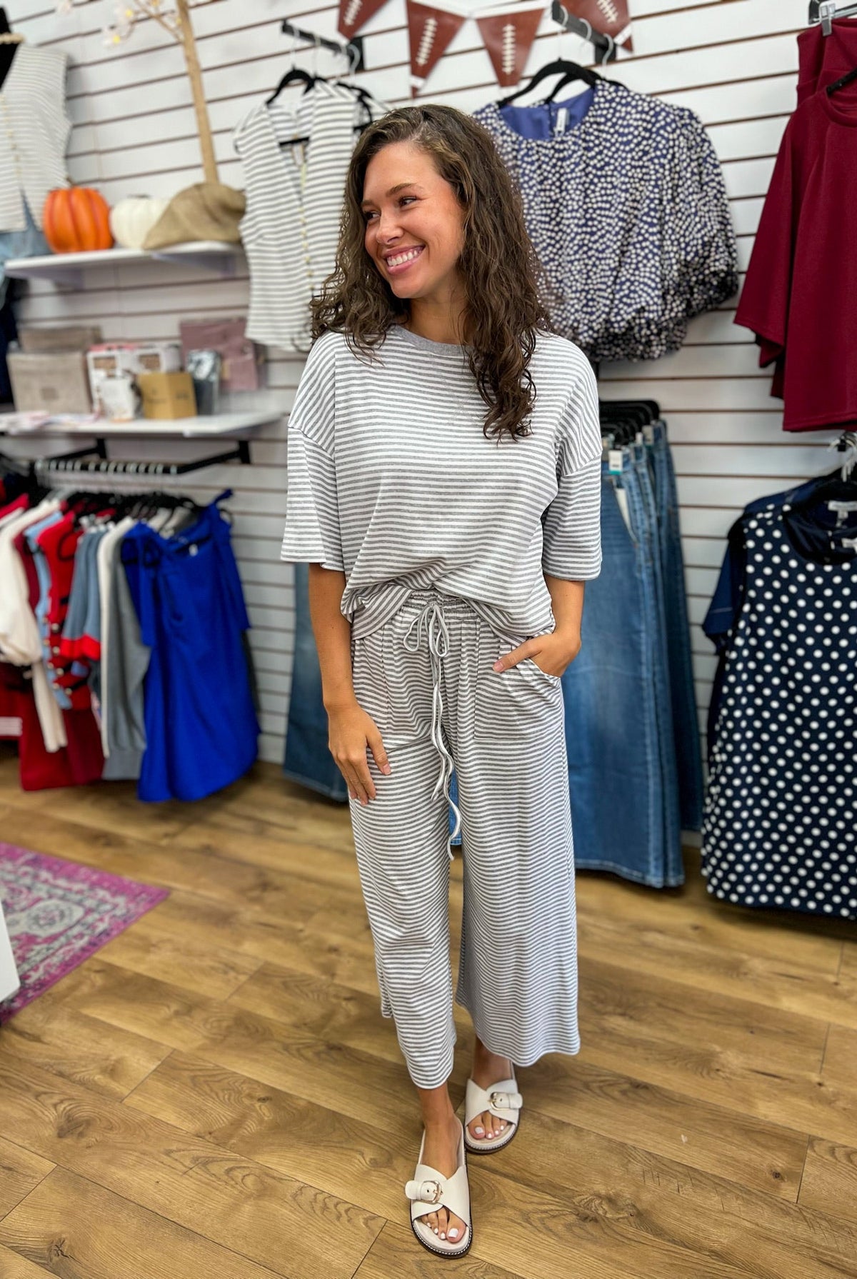 Grey and White Striped Pant Set - A'Bekah's Boutique