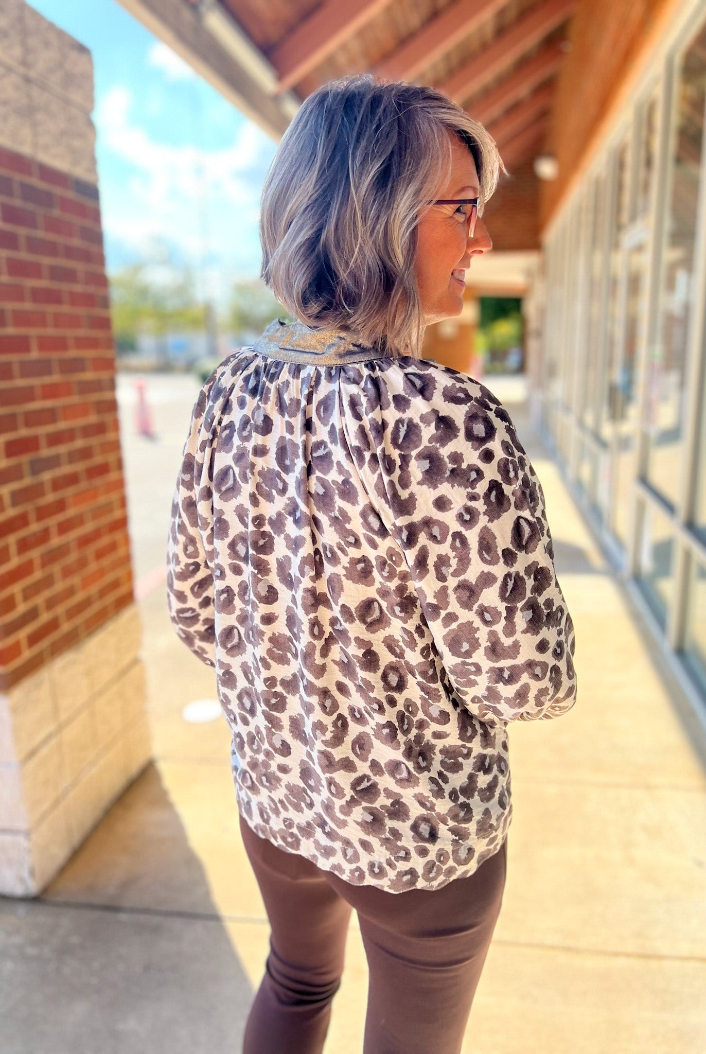 Grey Leopard Print 3/4 Sleeve Top with Scalloped Neckline (R) - A'Bekah's Boutique