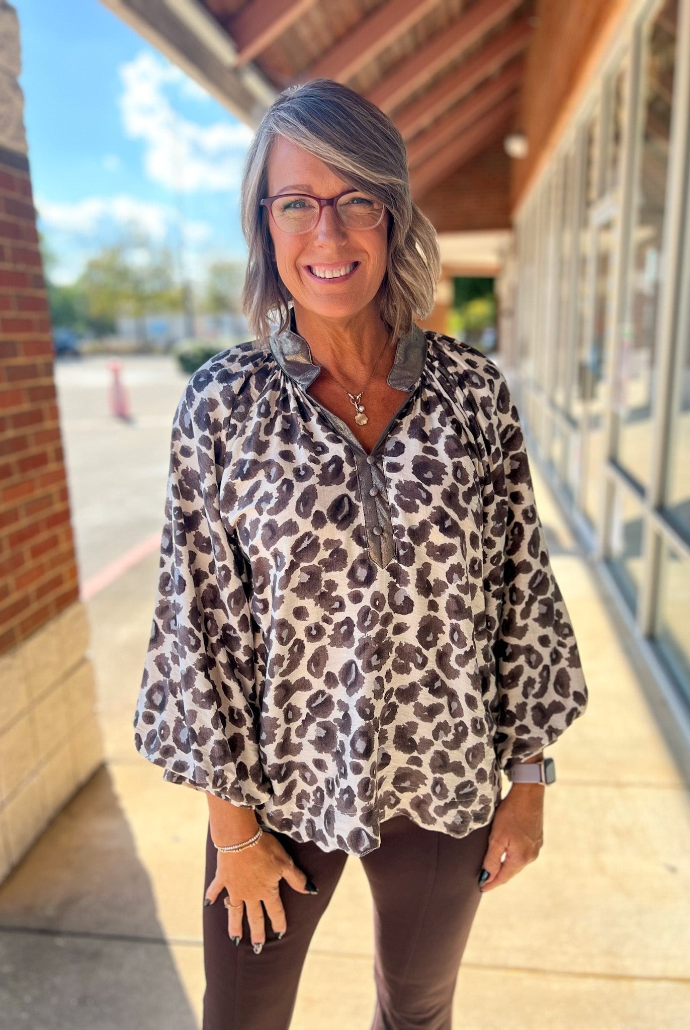 Grey Leopard Print 3/4 Sleeve Top with Scalloped Neckline (R) - A'Bekah's Boutique