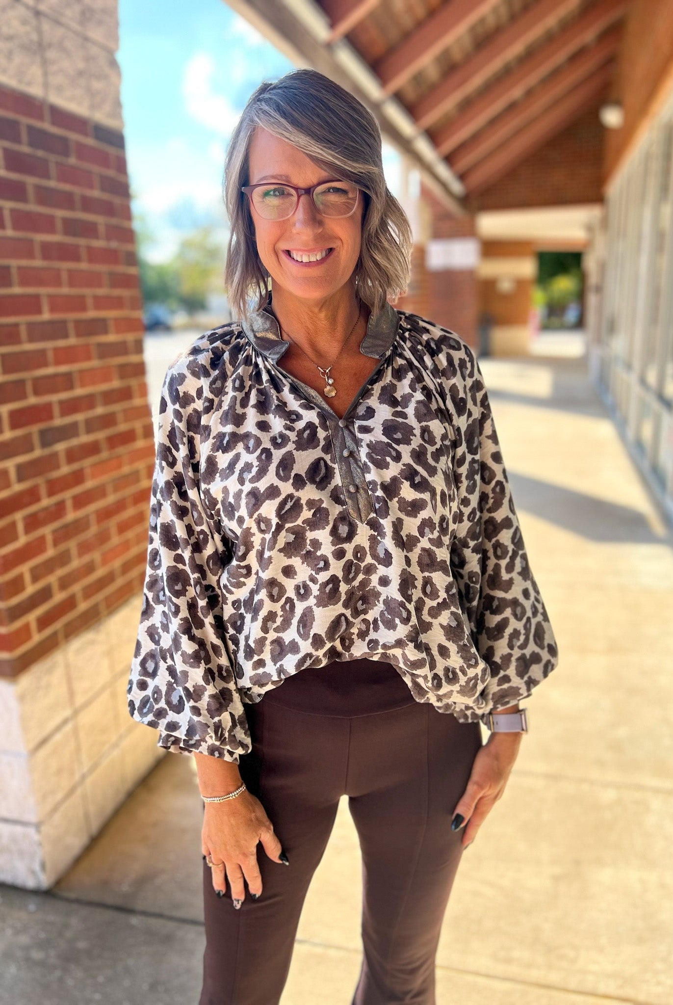 Grey Leopard Print 3/4 Sleeve Top with Scalloped Neckline (R) - A'Bekah's Boutique