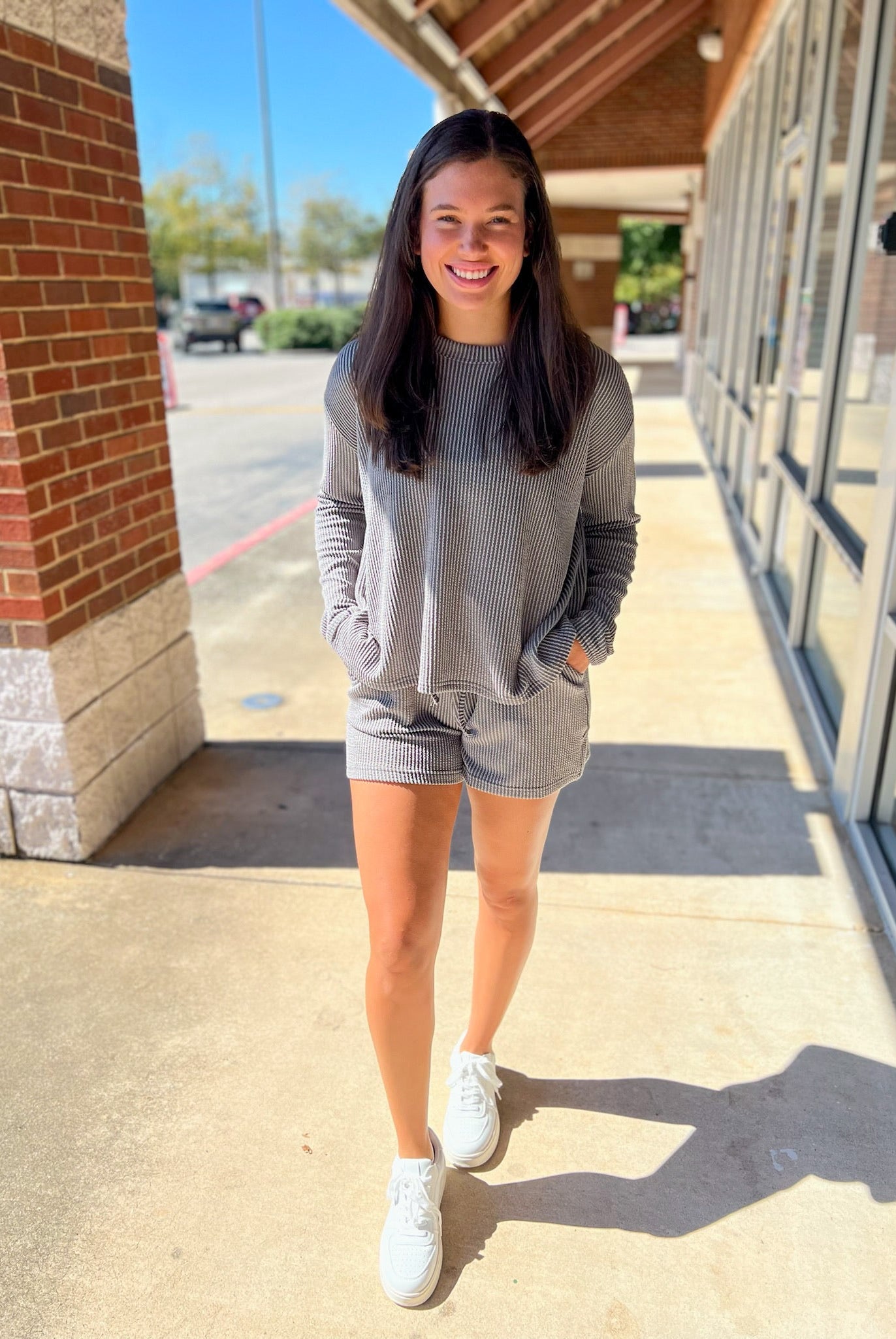 Grey Long Sleeve Ribbed Short Set - A'Bekah's Boutique