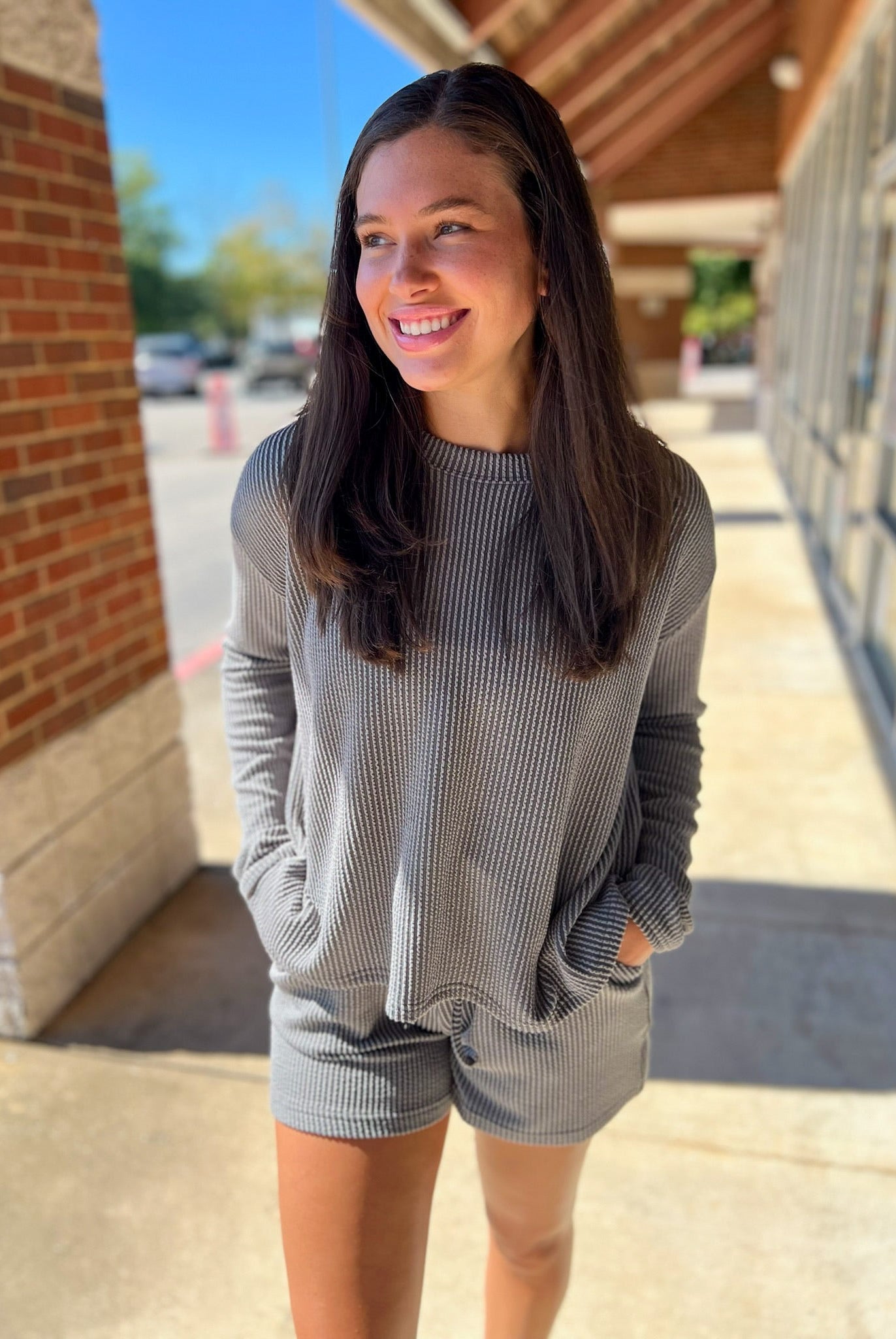 Grey Long Sleeve Ribbed Short Set - A'Bekah's Boutique