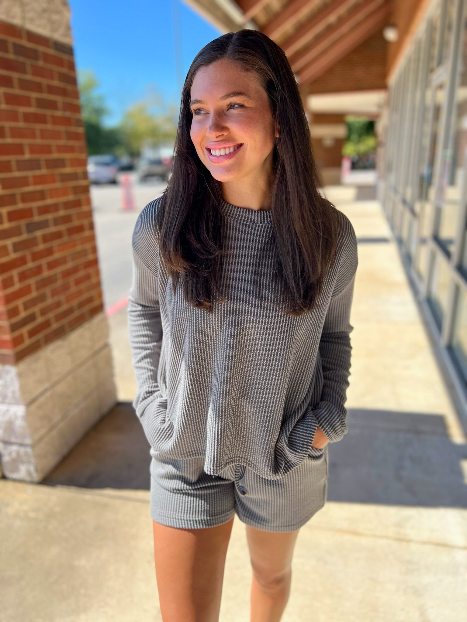 Grey Long Sleeve Ribbed Short Set - A'Bekah's Boutique