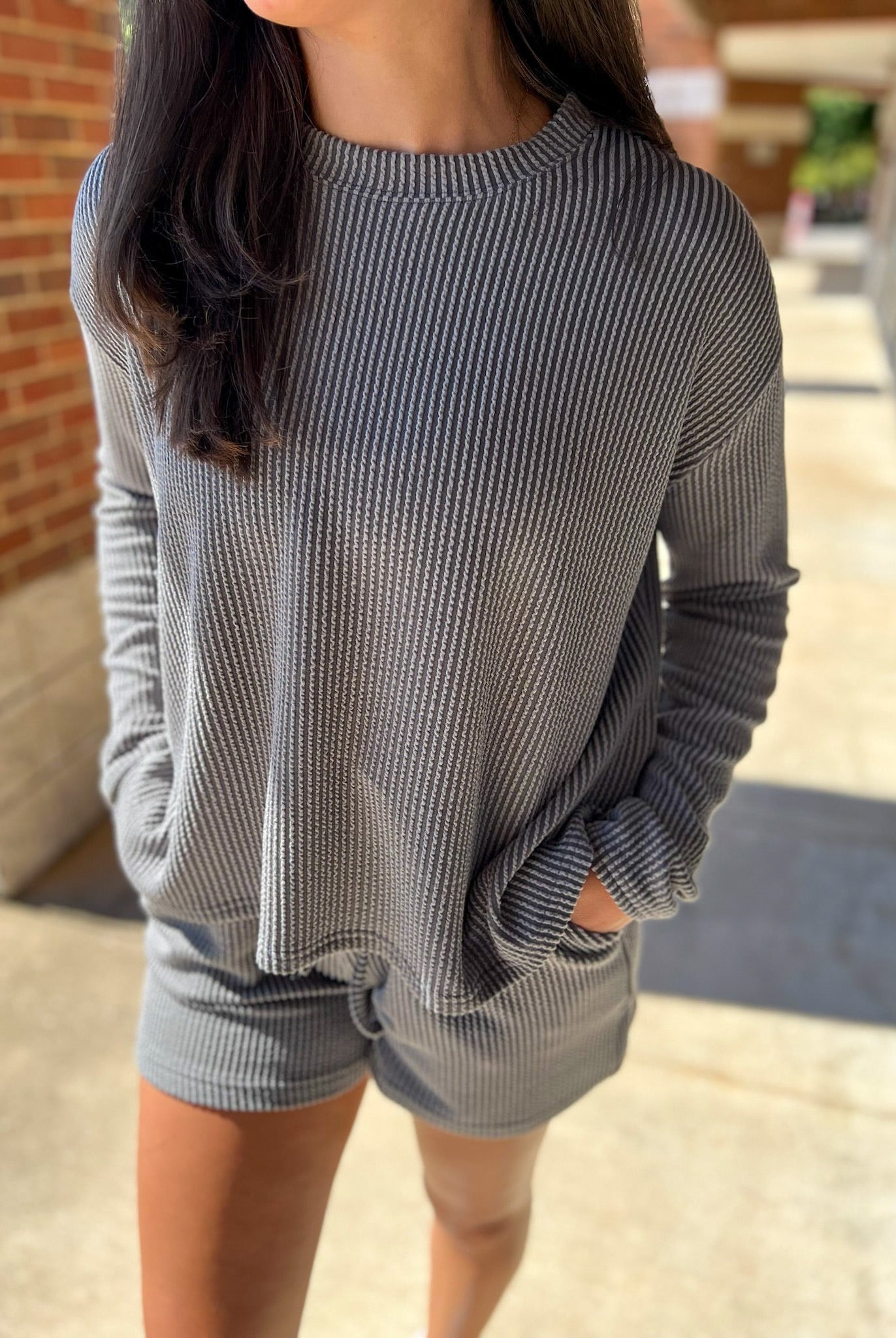 Grey Long Sleeve Ribbed Short Set - A'Bekah's Boutique