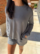 Grey Long Sleeve Ribbed Short Set - A'Bekah's Boutique